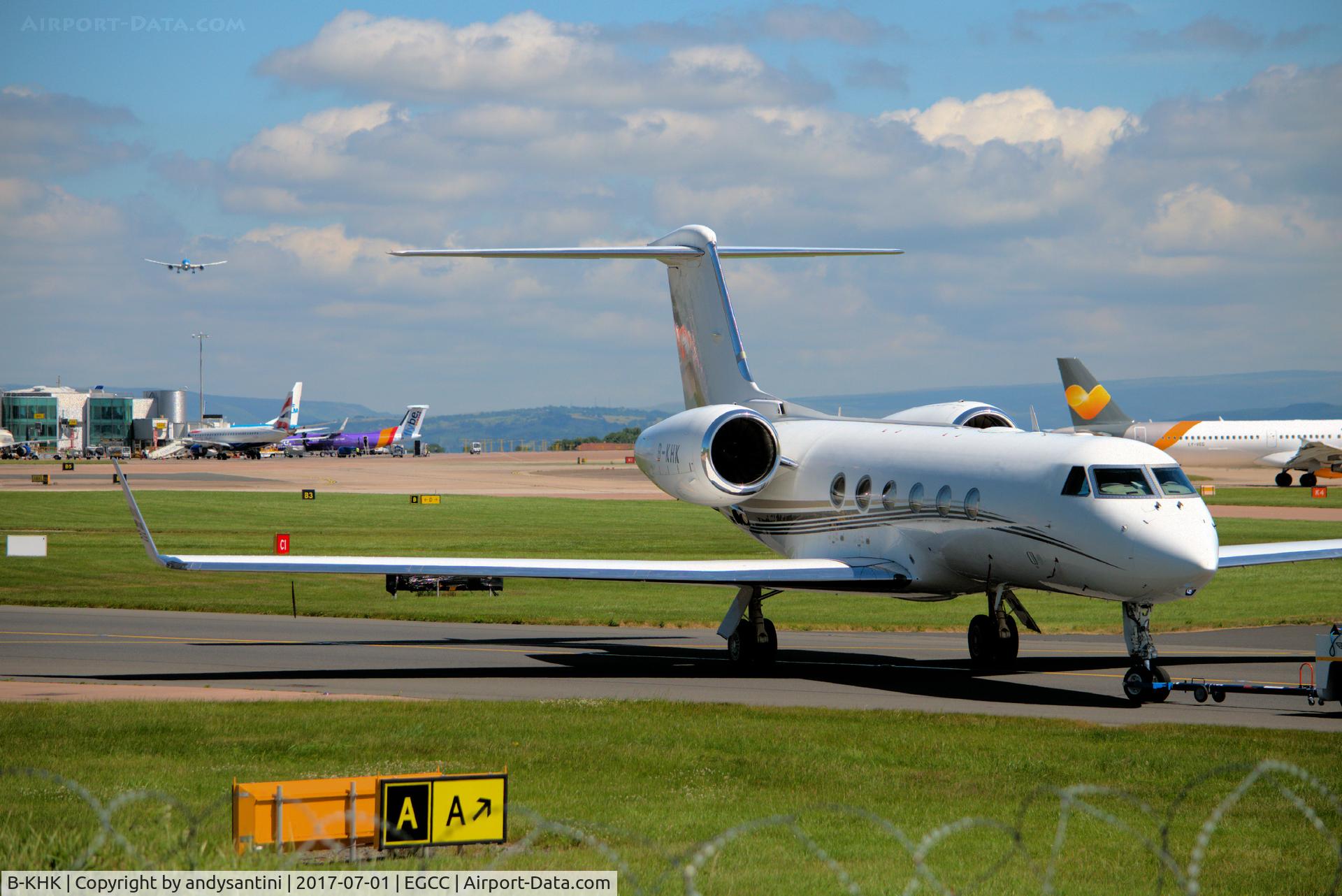 B-KHK, 2005 Gulfstream Aerospace GVI (G650ER) C/N 4018, being pushed by an tug @ egcc uk