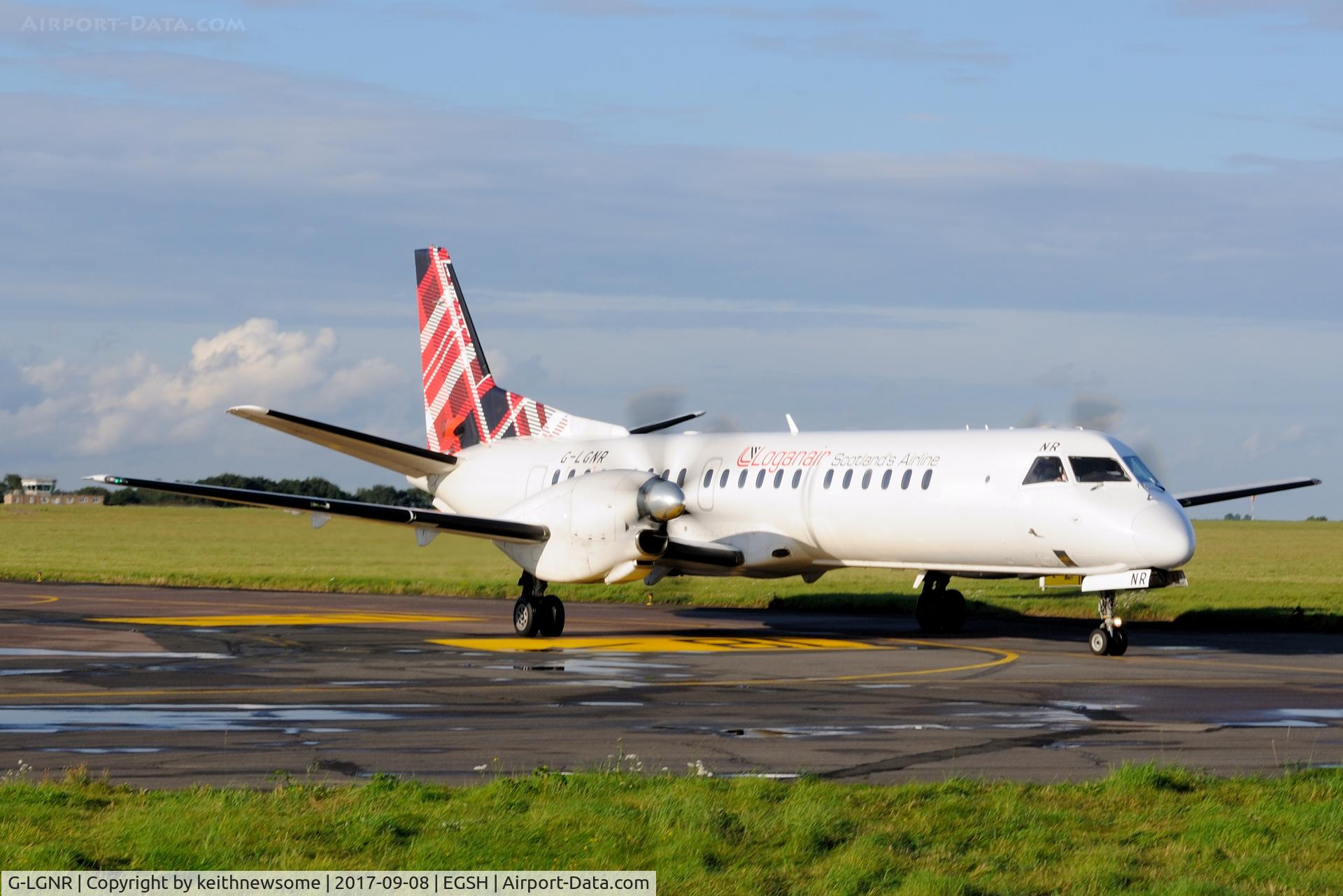 G-LGNR, 1993 Saab 2000 C/N 2000-004, Arriving at Norwich with tartan tail.