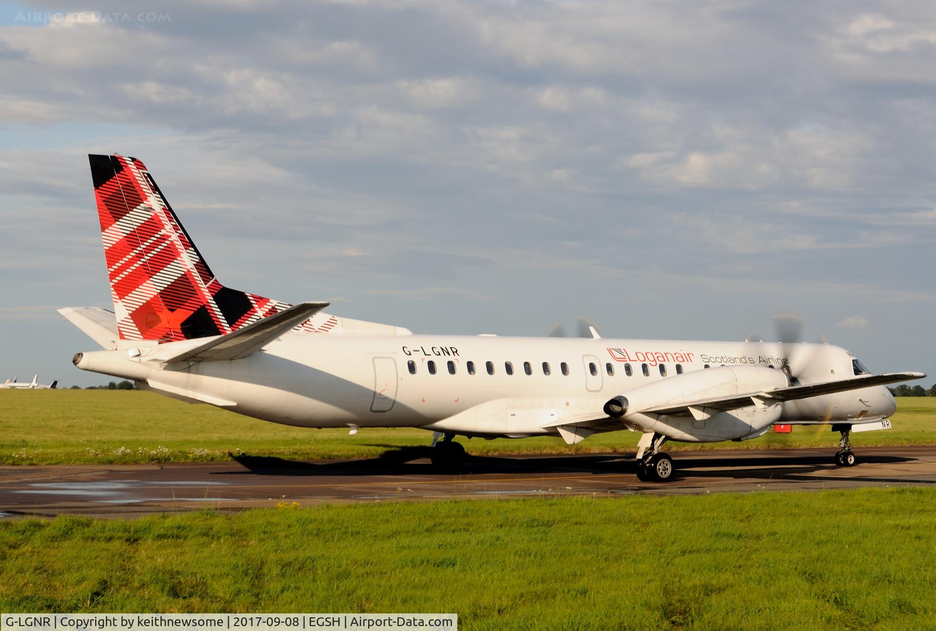 G-LGNR, 1993 Saab 2000 C/N 2000-004, Arriving at Norwich with tartan tail.