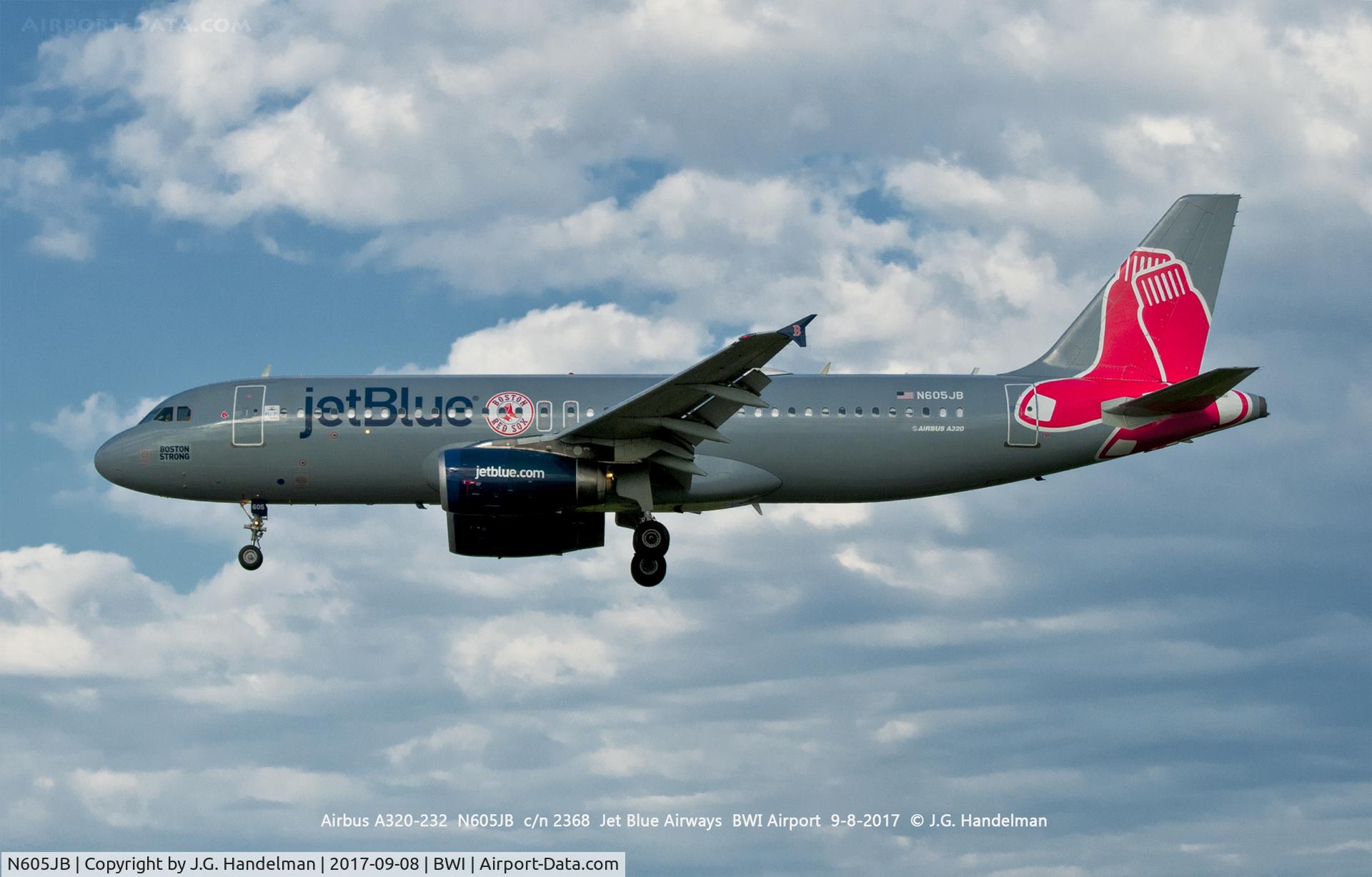 N605JB, 2005 Airbus A320-232 C/N 2368, Boston Red Sox on final to 33L.