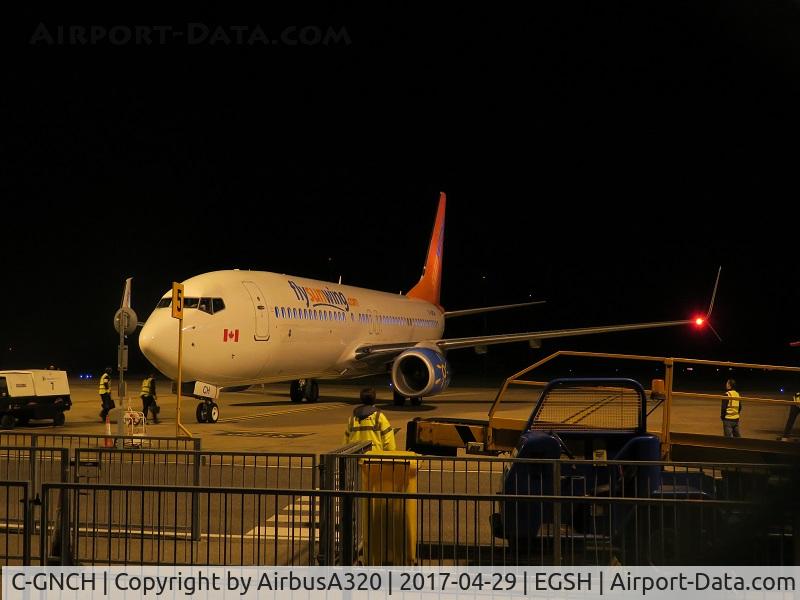 C-GNCH, 2014 Boeing 737-81D C/N 39438, Just arriving on stand 5 from Leeds, it had flown from Toronto earlier in the day, this is one of 4 being based in the UK to operate flights for Thomsom Airlines during the summer. CH first flight out of Norwich for Thomson will be Monday 1st May to Las P