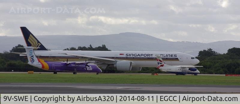 9V-SWE, 2006 Boeing 777-312/ER C/N 34570, Bit of a fight for the runway , joining the 777 is Dornier Jet OY-NCW and Flybe Dash 8 G-JEDP