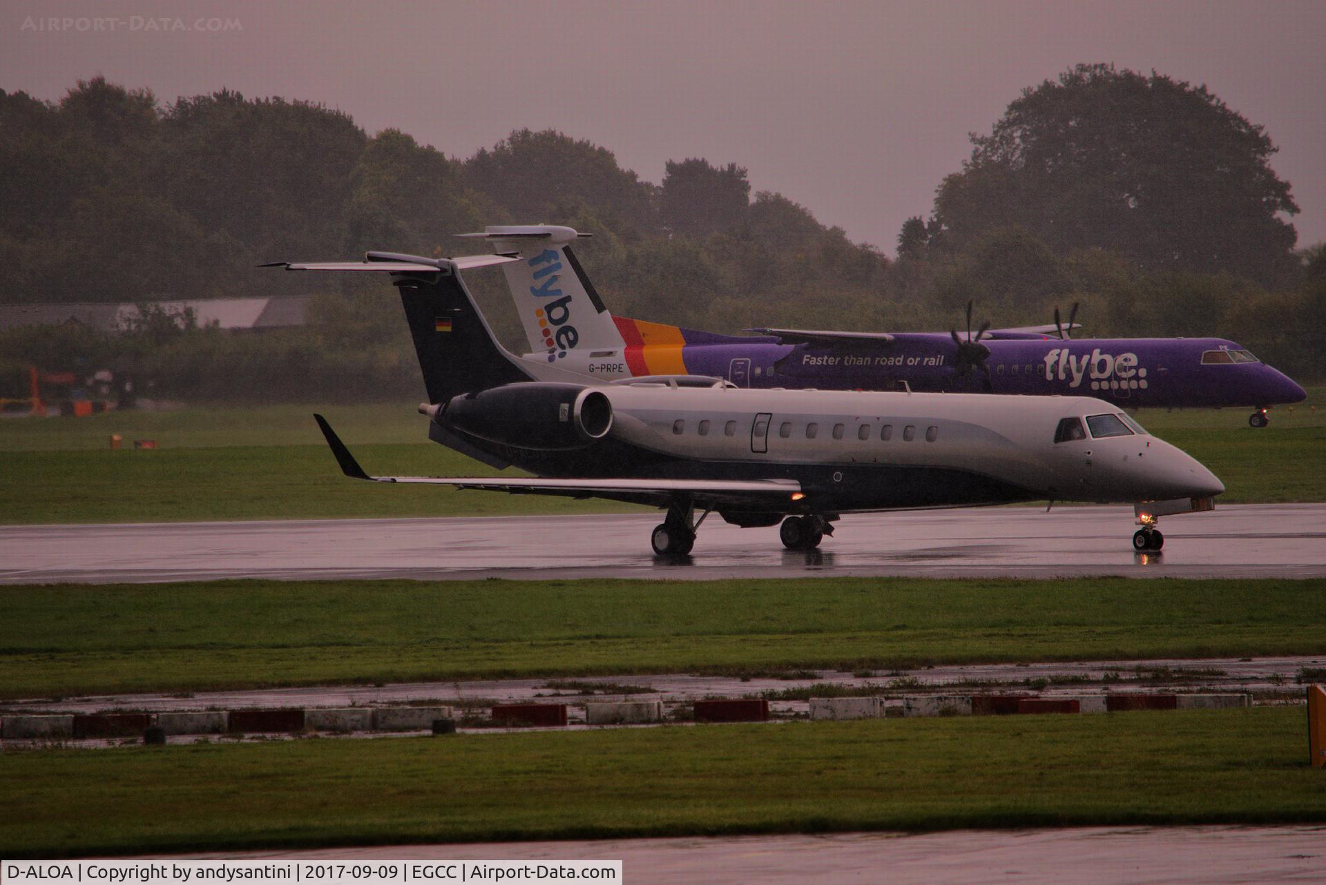 D-ALOA, 2016 Embraer EMB-135BJ Legacy 650 C/N 14501223, just dept runway 23R taxing in to the [FBO exc ramp] @ man egcc uk [G-PRPE DHC8/Q4OO BEE] in the back ground