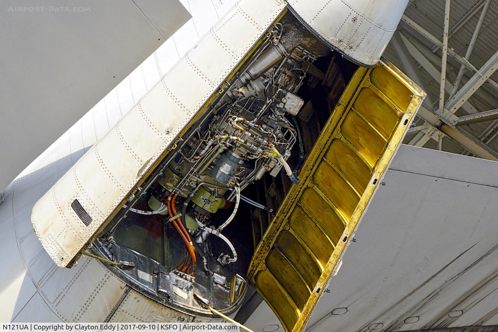 N121UA, 1999 Boeing 747-422 C/N 29167, APU produces electric power and air. SFO. 2017.