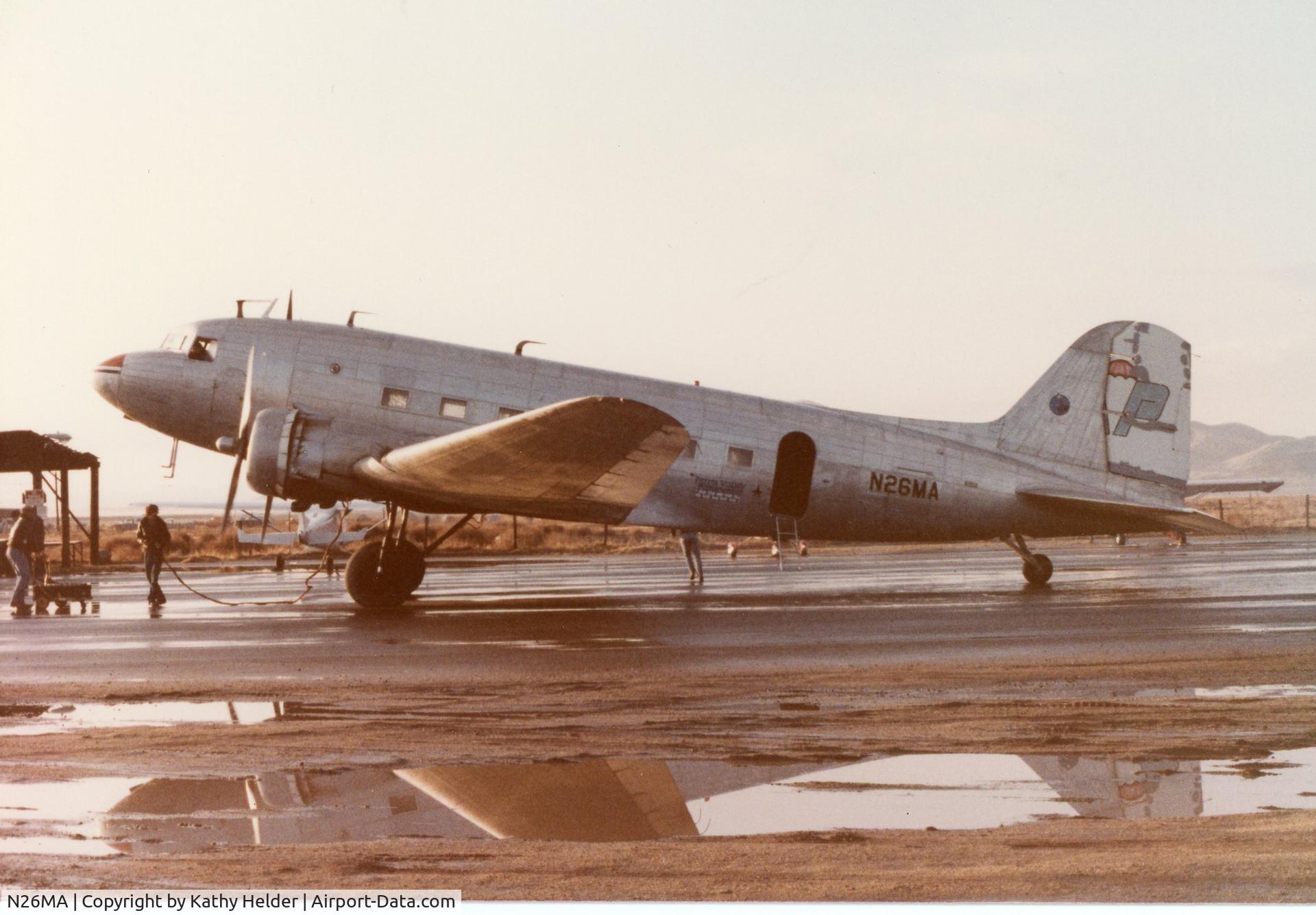 N26MA, 1939 Douglas DC-3-G102A C/N 2169, Found in old skydive photos.  Believe taken in early 1980's at Perris Valley for Thanksgiving Skydive Boogie