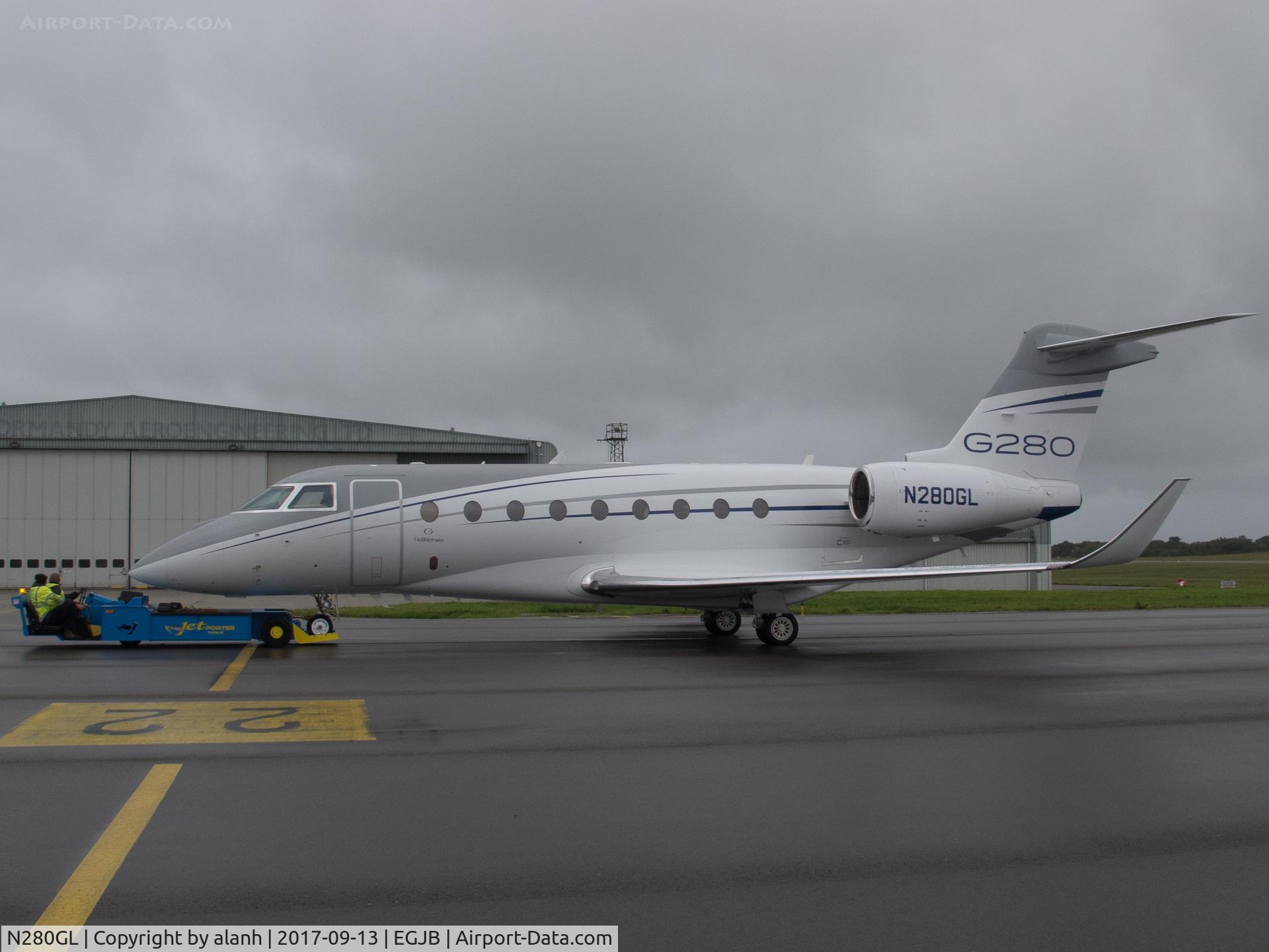 N280GL, 2016 Israel Aircraft Industries Gulfstream G280 C/N 2105, On tow at Guernsey