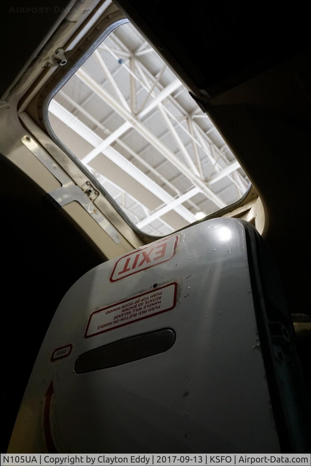 N105UA, 1994 Boeing 747-451 C/N 26473, Flight deck overhead escape SFO 2017.