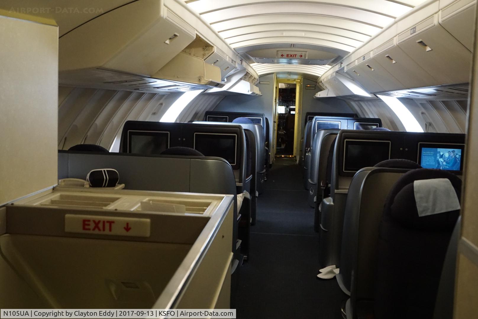 N105UA, 1994 Boeing 747-451 C/N 26473, Upper deck looking forward. SFO 2017.