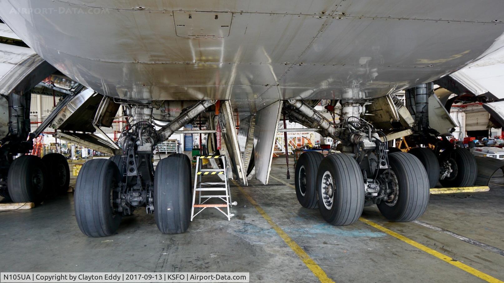 N105UA, 1994 Boeing 747-451 C/N 26473, landing gear. SFO 2017.
