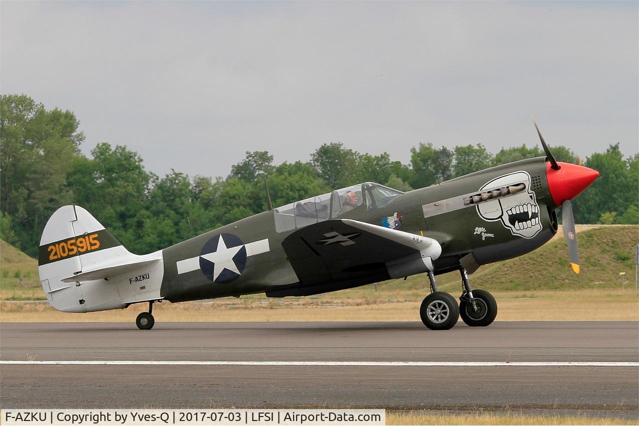F-AZKU, 1942 Curtiss P-40N Warhawk C/N 29677, Curtiss P-40N Warhawk, Taxiing to holding point, St Dizier-Robinson Air Base 113 (LFSI) Open day 2017