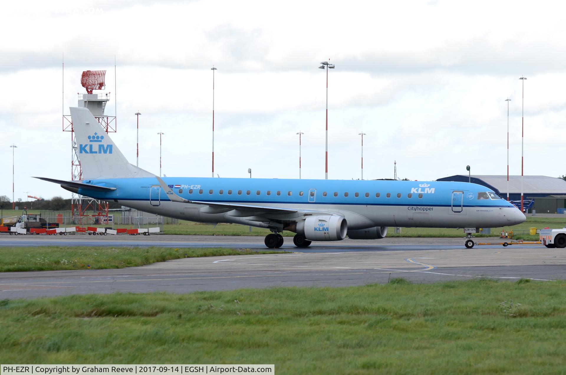 PH-EZR, 2010 Embraer 190LR (ERJ-190-100LR) C/N 19000375, Under tow at Norwich.