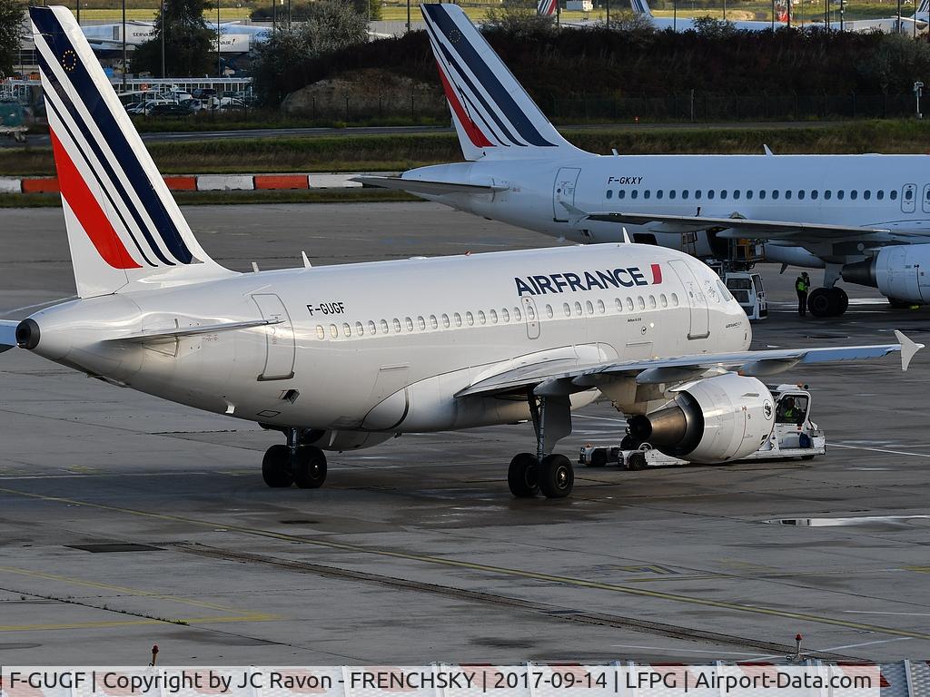 F-GUGF, 2004 Airbus A318-111 C/N 2109, push back at terminal 2F