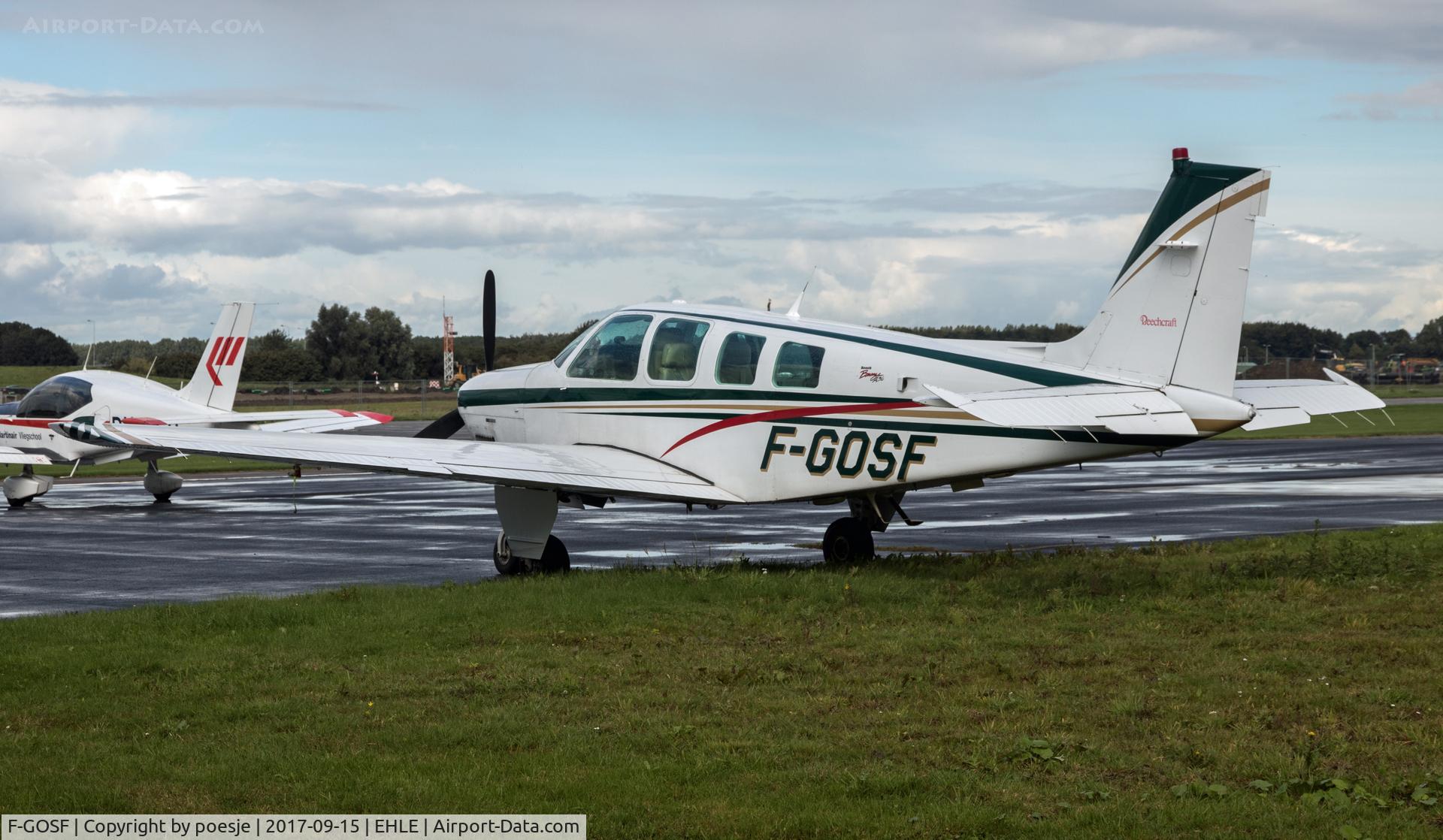 F-GOSF, Beech A36 Bonanza 36 C/N E-3259, Be A36 at the Martinair platform at EHLE.