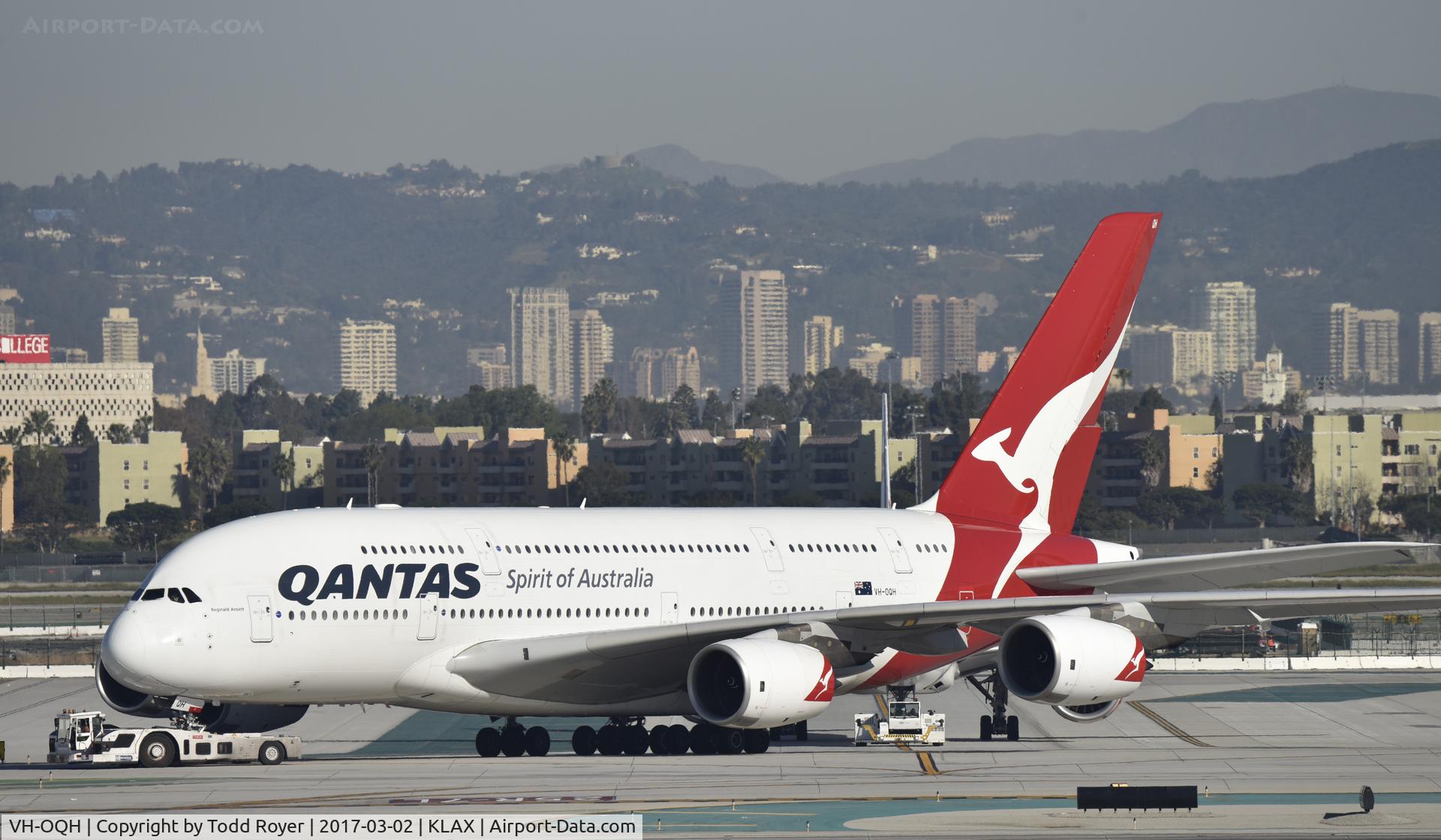 VH-OQH, 2009 Airbus A380-842 C/N 050, Getting towed to parking at LAX