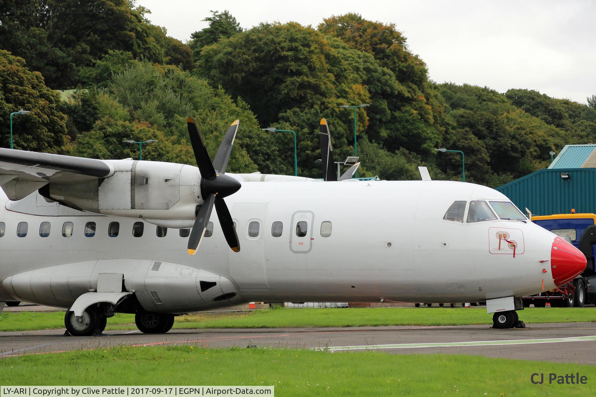LY-ARI, 1986 ATR 42-312 C/N 012A, Parked at the Loganair maintenance hangar at Dundee.