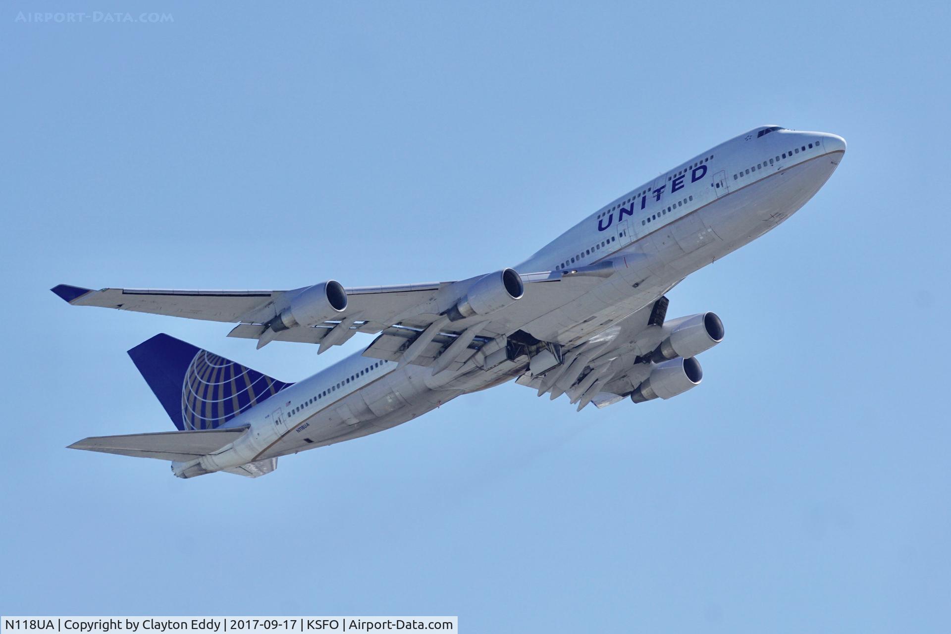 N118UA, 1999 Boeing 747-422 C/N 28811, Off to Frankfurt. SFO 2017.
