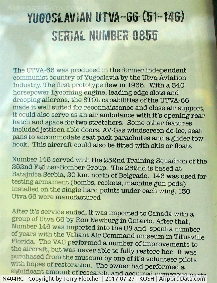 N404RC, 1973 Utva UTVA-66 (V-51) C/N 0855, Background on the UTVA-66