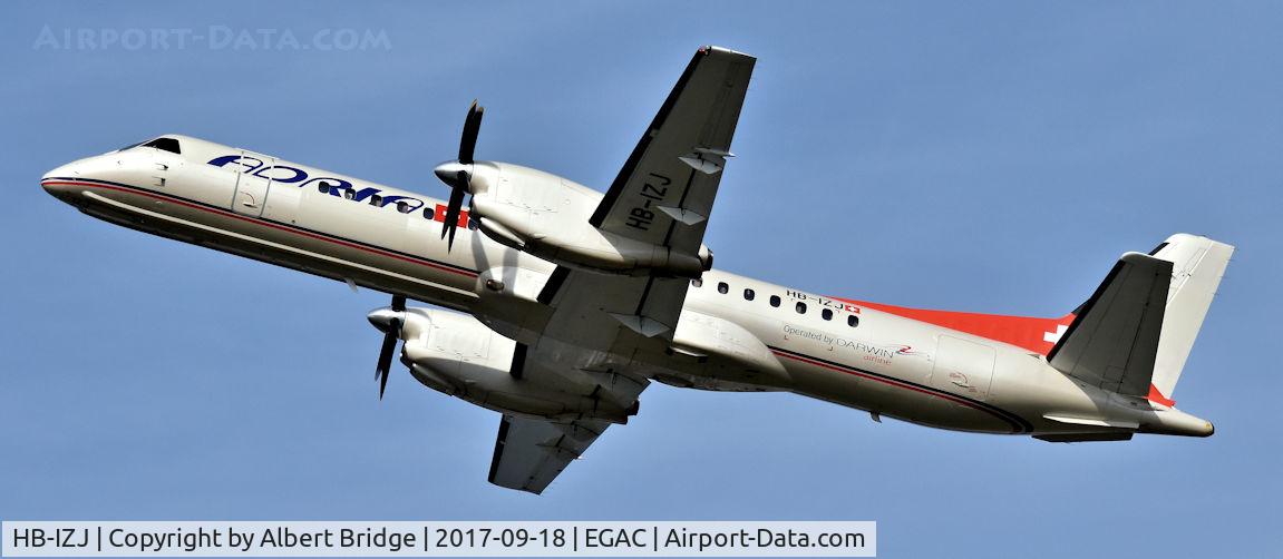 HB-IZJ, 1995 Saab 2000 C/N 2000-015, Belfast City.  Darwin Airline/Adria Airways HB-IZJ departing with an Eastern Airways flight to the Isle of Man.