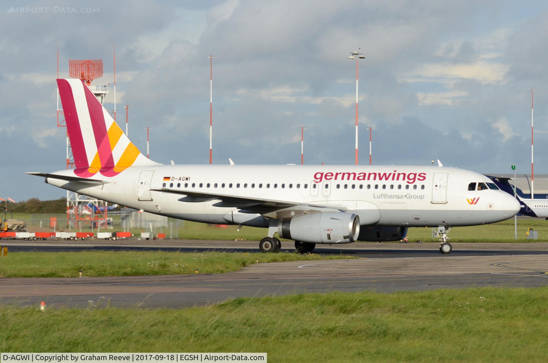 D-AGWI, 2008 Airbus A319-132 C/N 3358, Just landed at Norwich.
