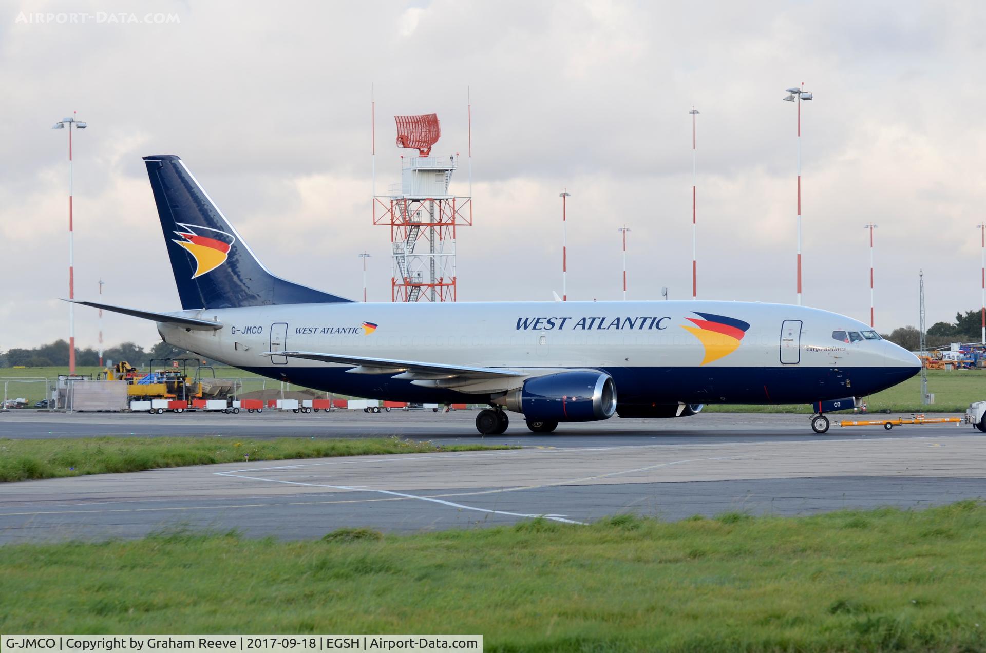 G-JMCO, 1986 Boeing 737-3T0F C/N 23569, Under tow at Norwich.