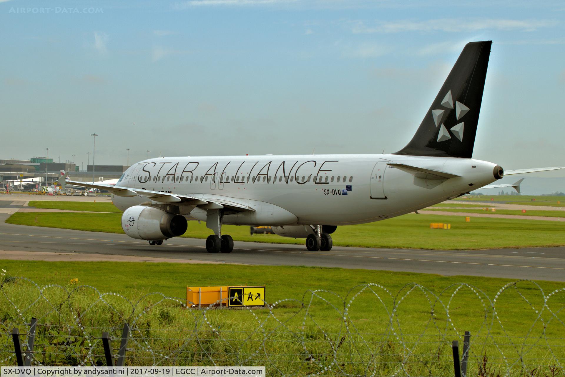 SX-DVQ, 2008 Airbus A320-232 C/N 3526, taxing round/in to its stand/gate at man egcc uk.