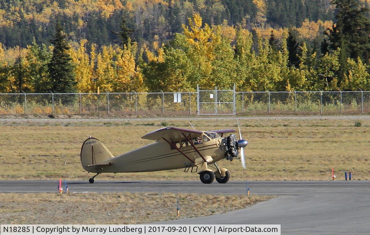 N18285, 1933 Stinson JR. SR C/N 8776, Taking off from Whitehorse, Yukon, on a brilliant Fall day.