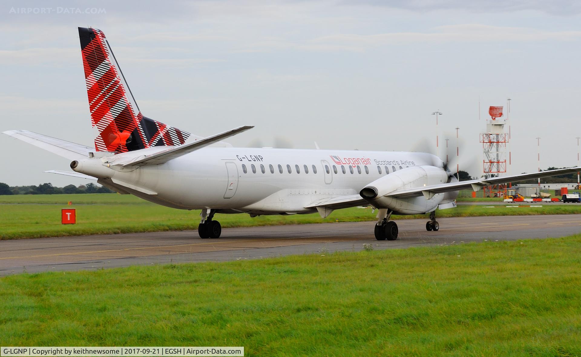 G-LGNP, 1995 Saab 2000 C/N 2000-018, First view with tartan tailfin.