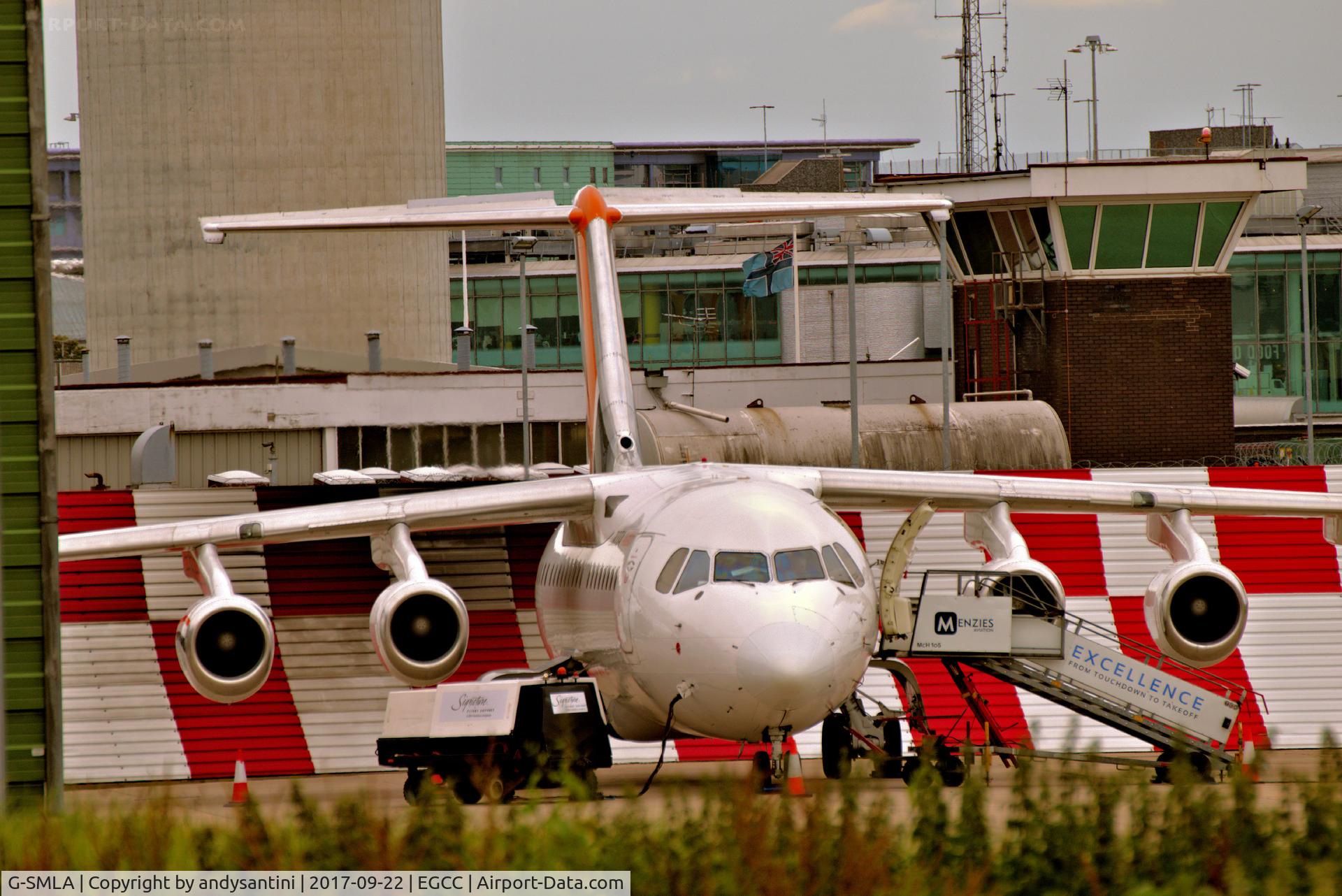 G-SMLA, 1985 British Aerospace BAe.146-200 C/N E2047, parked on the FBO exc ramp at egcc uk waiting on the MUFC football team to take them to southampton.