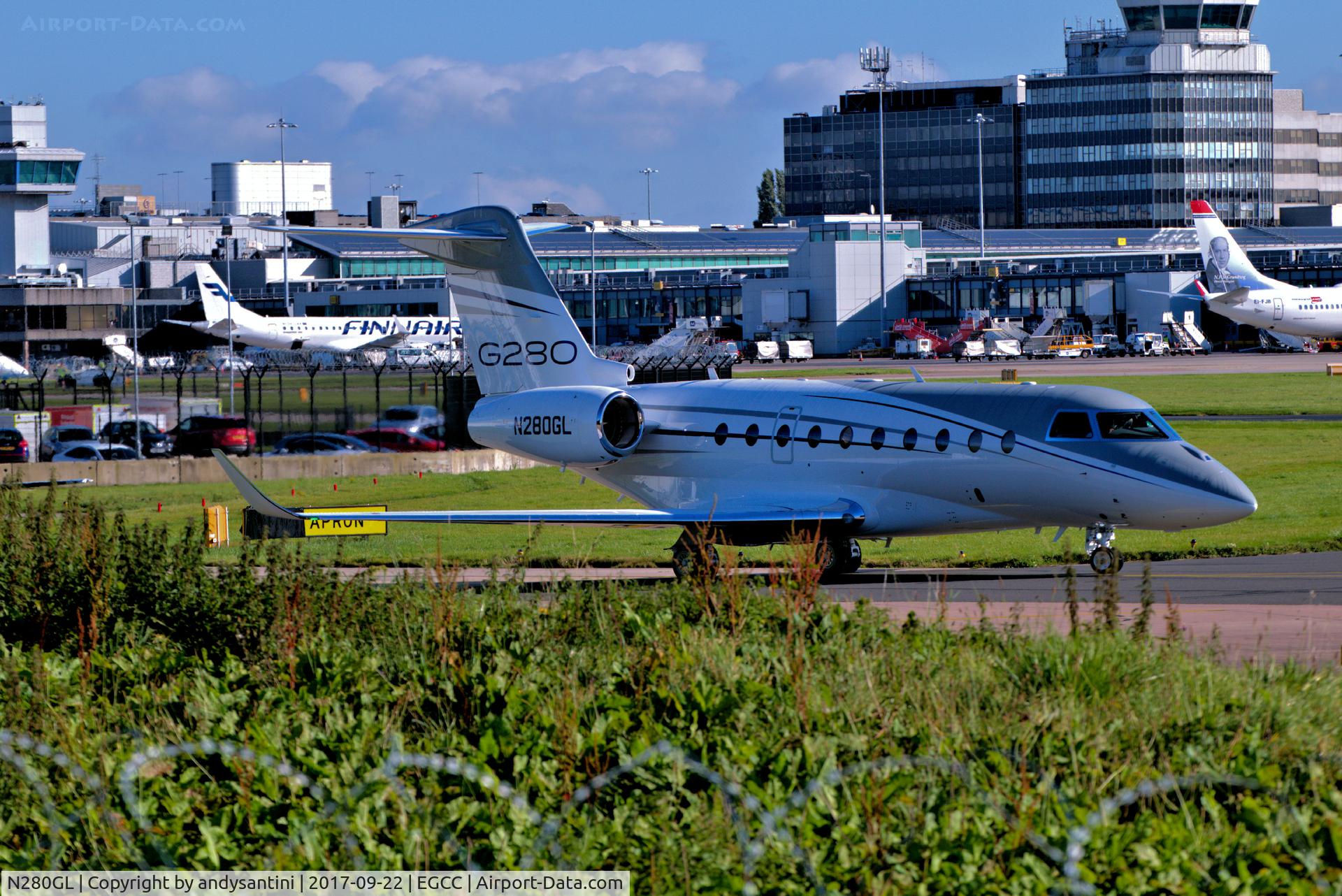 N280GL, 2016 Israel Aircraft Industries Gulfstream G280 C/N 2105, just dept the [FBO exc ramp] at egcc uk now taxing out for take off