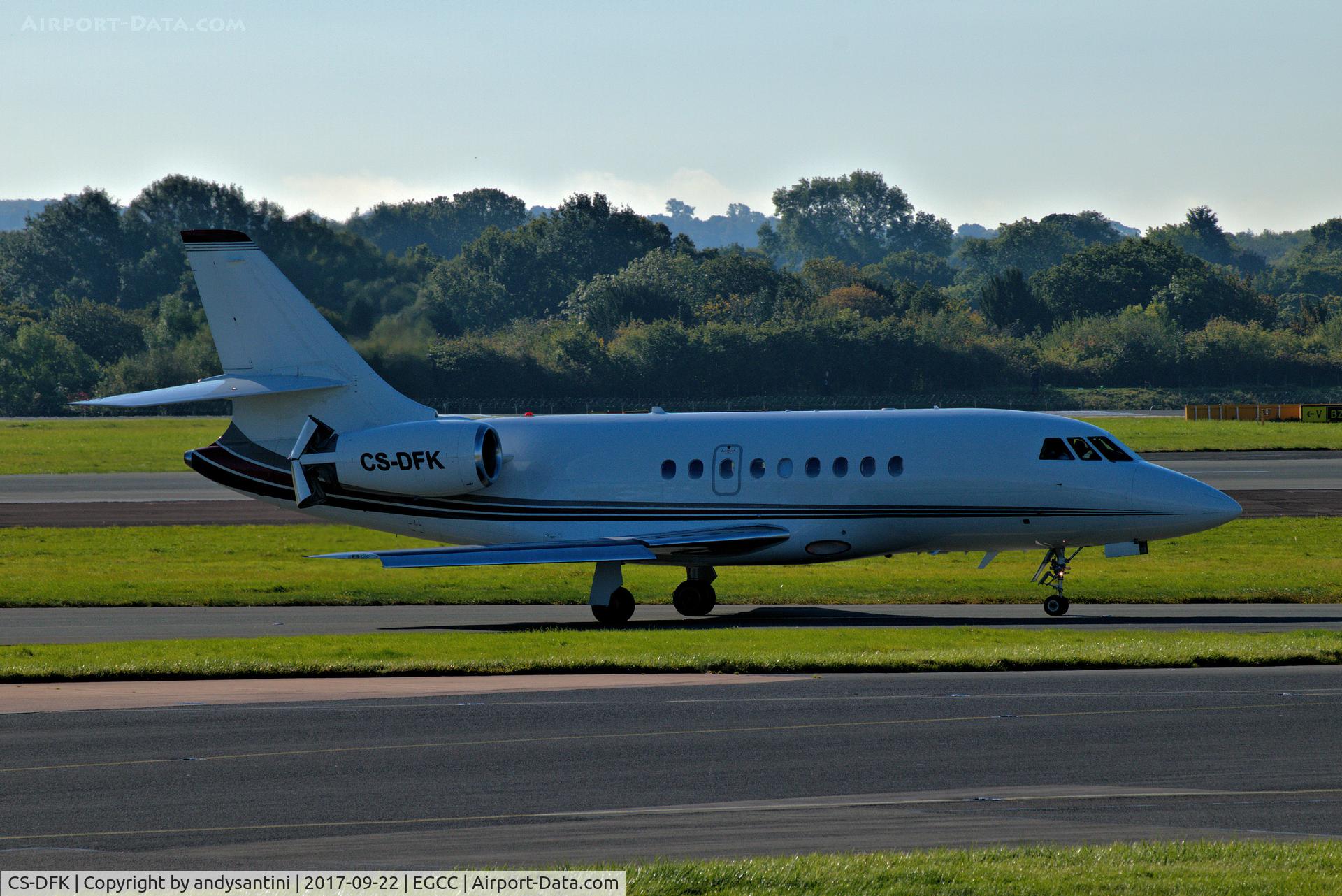 CS-DFK, 2006 Dassault Falcon 2000EX C/N 65, just left runway [23R] now taxing in to the [FBO exc ramp] at egcc uk.