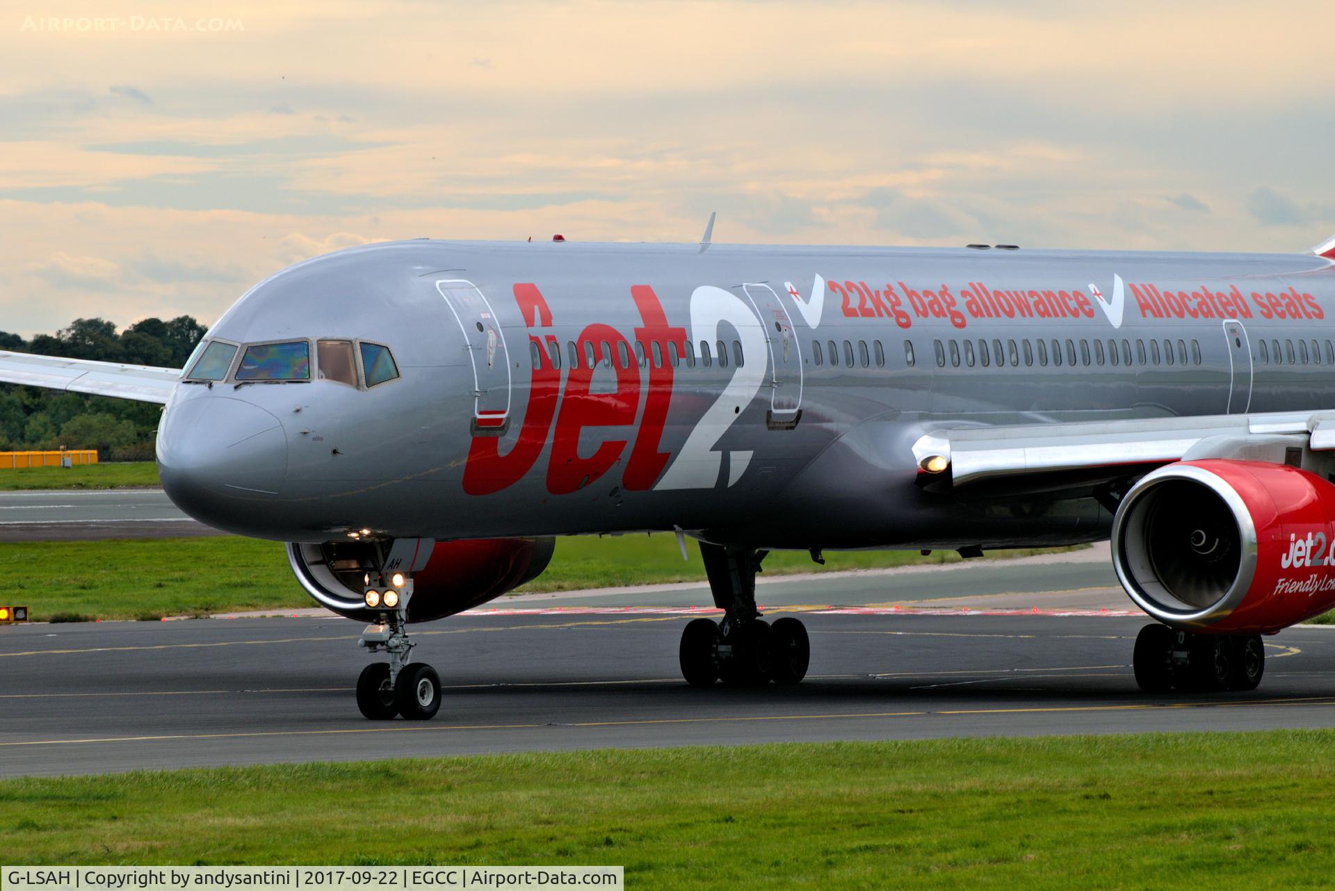 G-LSAH, 1987 Boeing 757-21B C/N 24015, close up shot left runway 23R at egcc taxing in to its gate/stand.