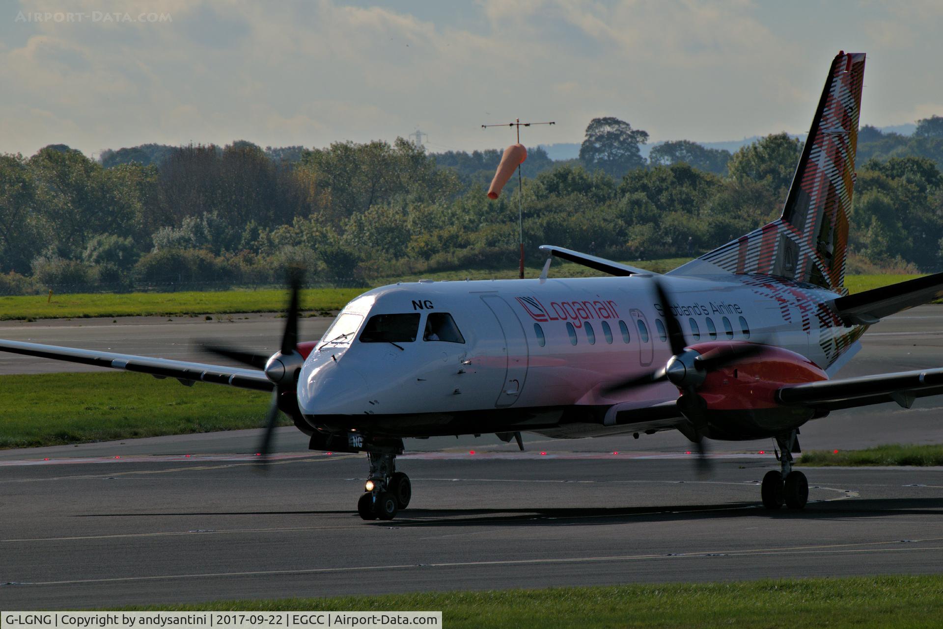 G-LGNG, 1992 Saab SF340B C/N 340B-327, left runway 23R now taxing in to its gate/stand at man egcc uk.