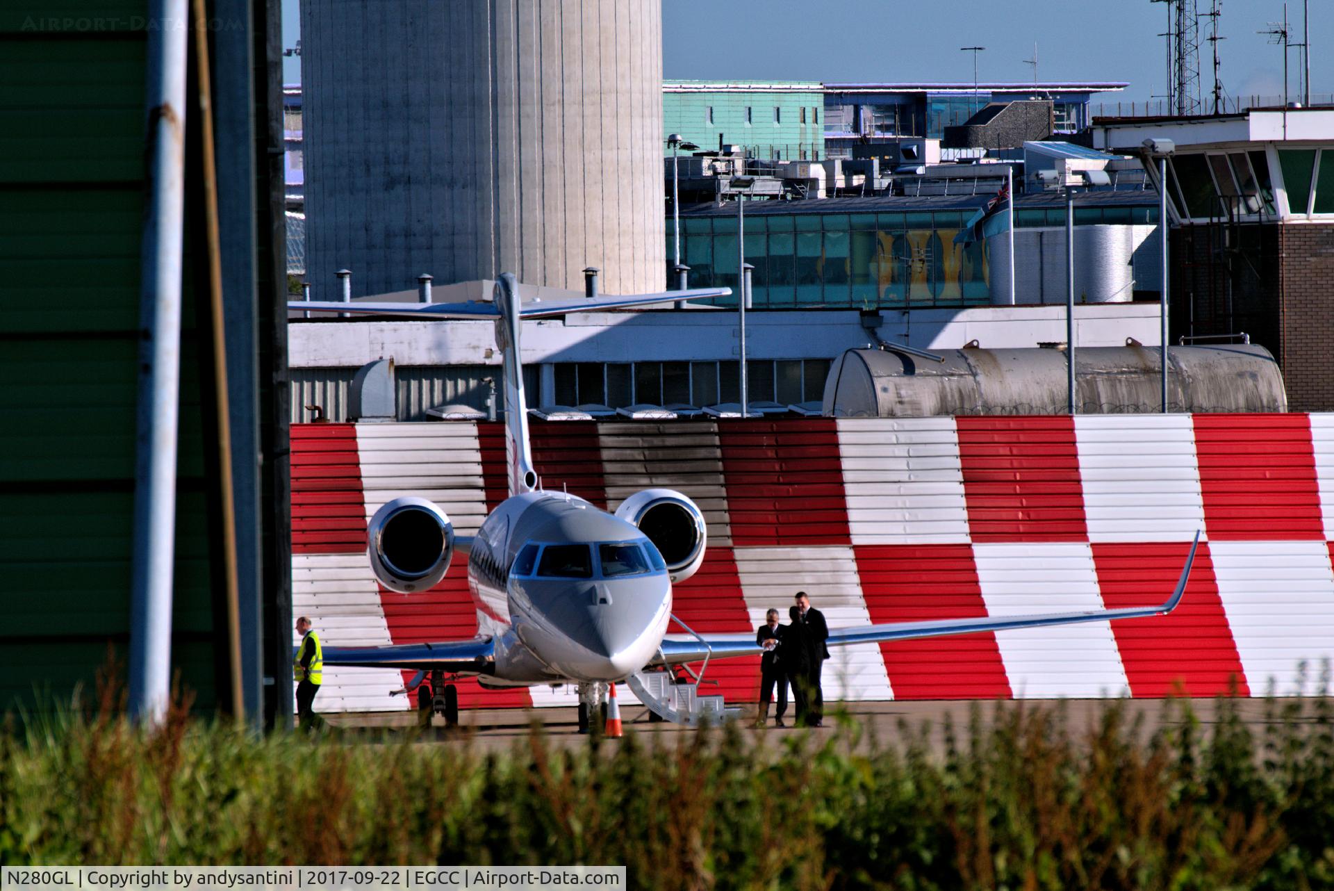 N280GL, 2016 Israel Aircraft Industries Gulfstream G280 C/N 2105, parked up on the [FBO exc ramp] at man egcc uk.