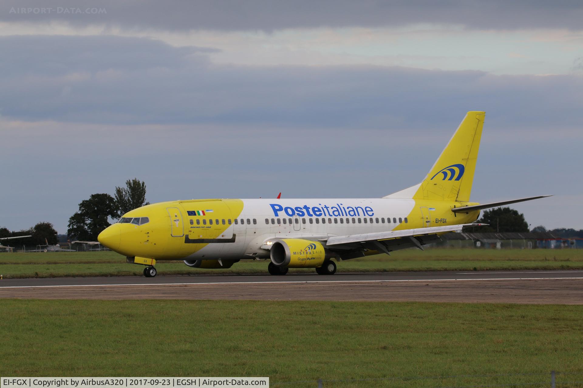 EI-FGX, 1998 Boeing 737-3Q8 C/N 28054, Arriving at Norwich on a Newmarket charter from Naples, this is no stranger to Norwich as it was a former BMI Bbay G-TOYI and arrived here back in 2012 when Baby ceased operations