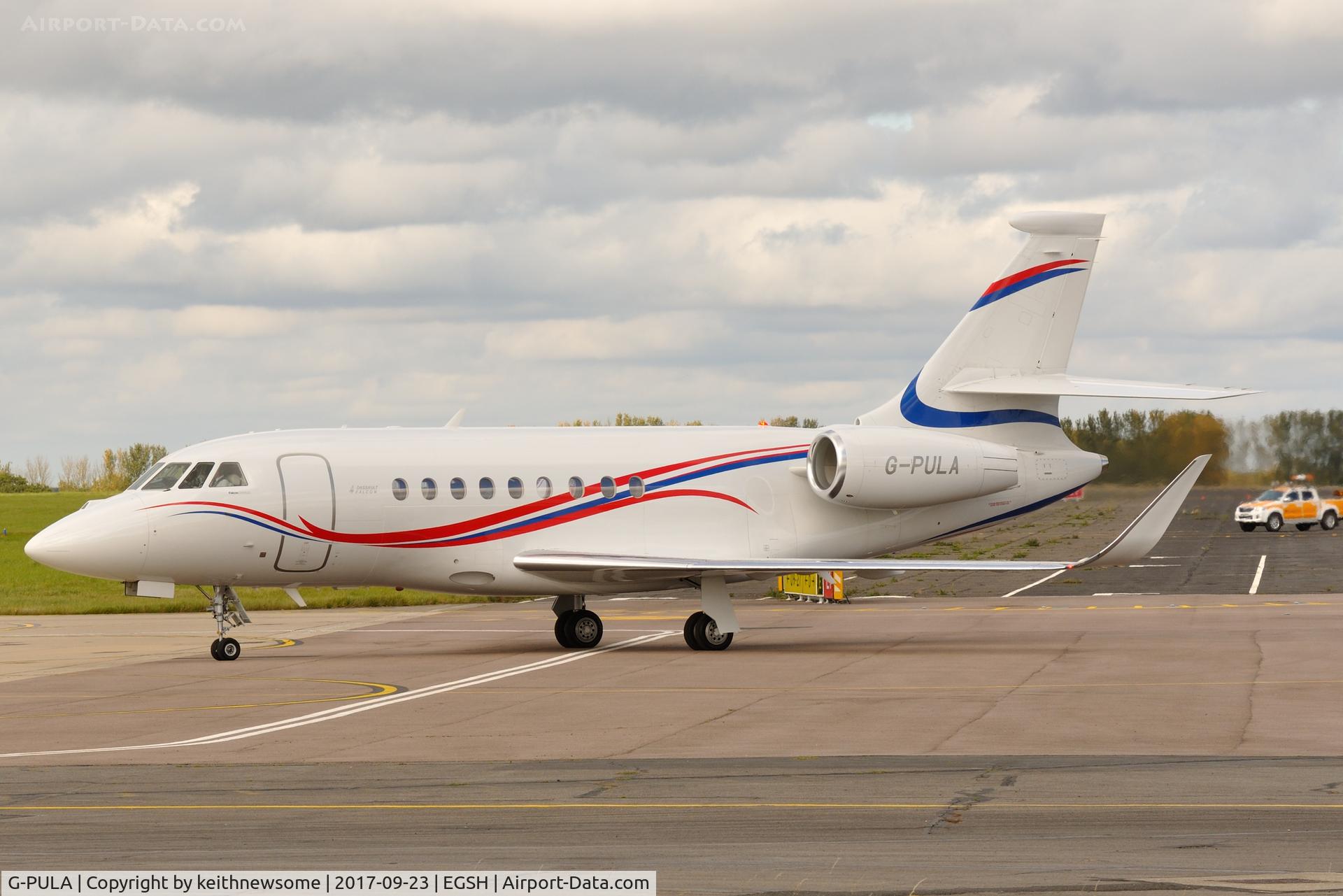 G-PULA, 2014 Dassault Falcon 2000LXS C/N 269, Arriving from Guernsey with 'ops truck' in tow.