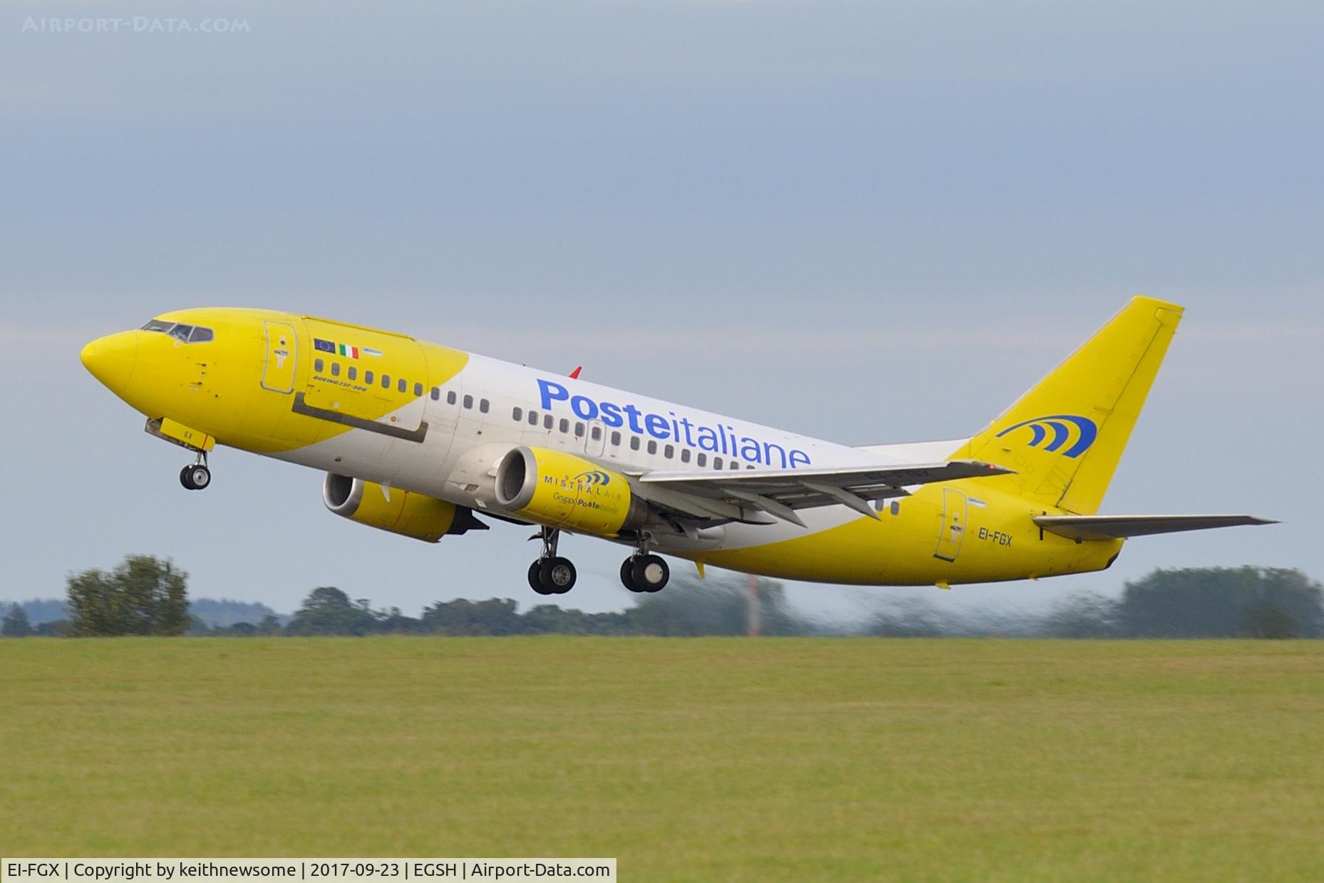 EI-FGX, 1998 Boeing 737-3Q8 C/N 28054, Leaving Norwich for Exeter.