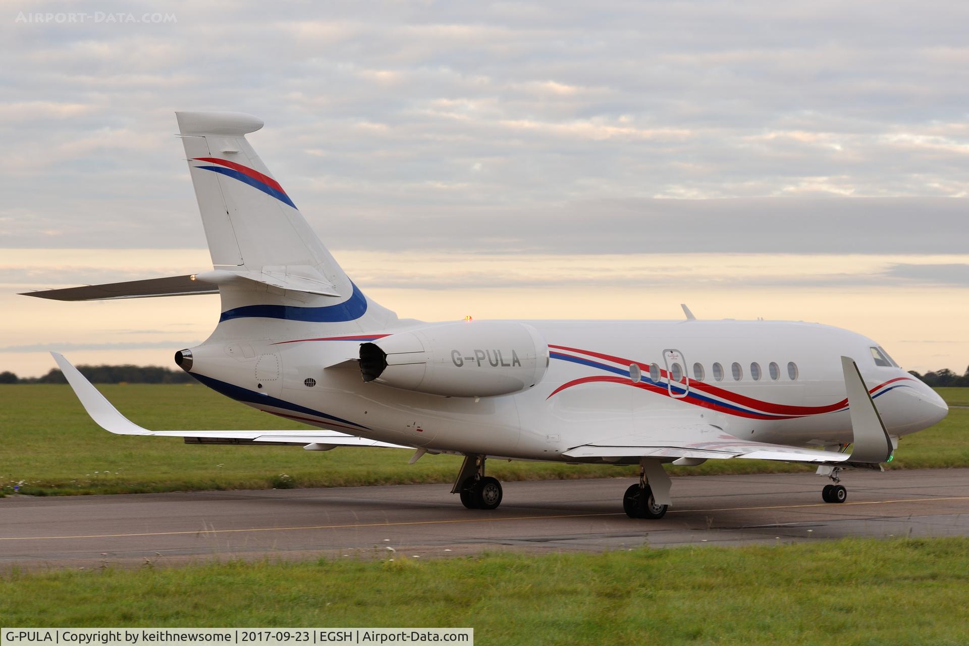 G-PULA, 2014 Dassault Falcon 2000LXS C/N 269, Leaving Norwich for Bristol.