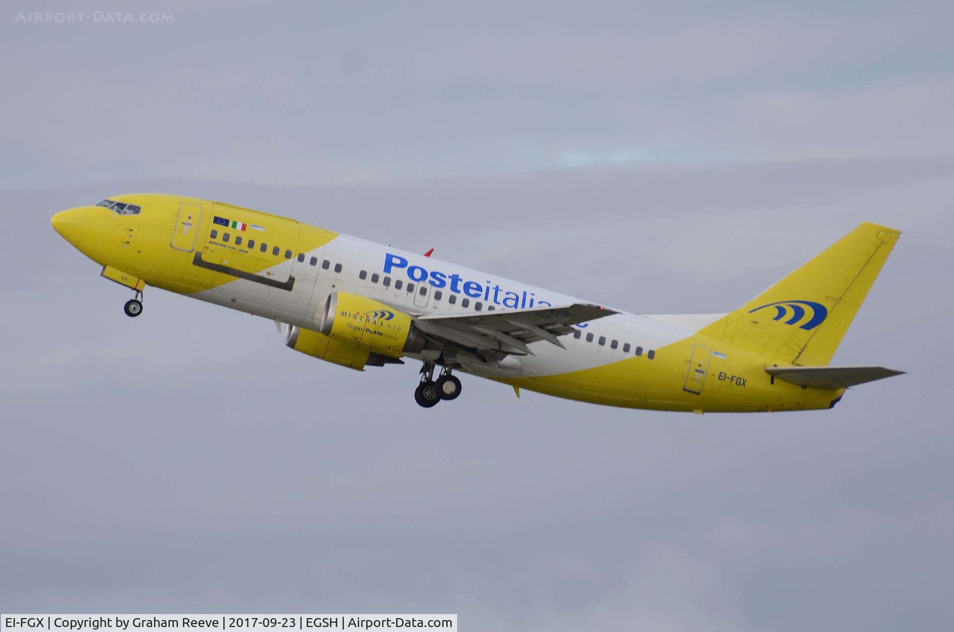 EI-FGX, 1998 Boeing 737-3Q8 C/N 28054, Departing from Norwich.