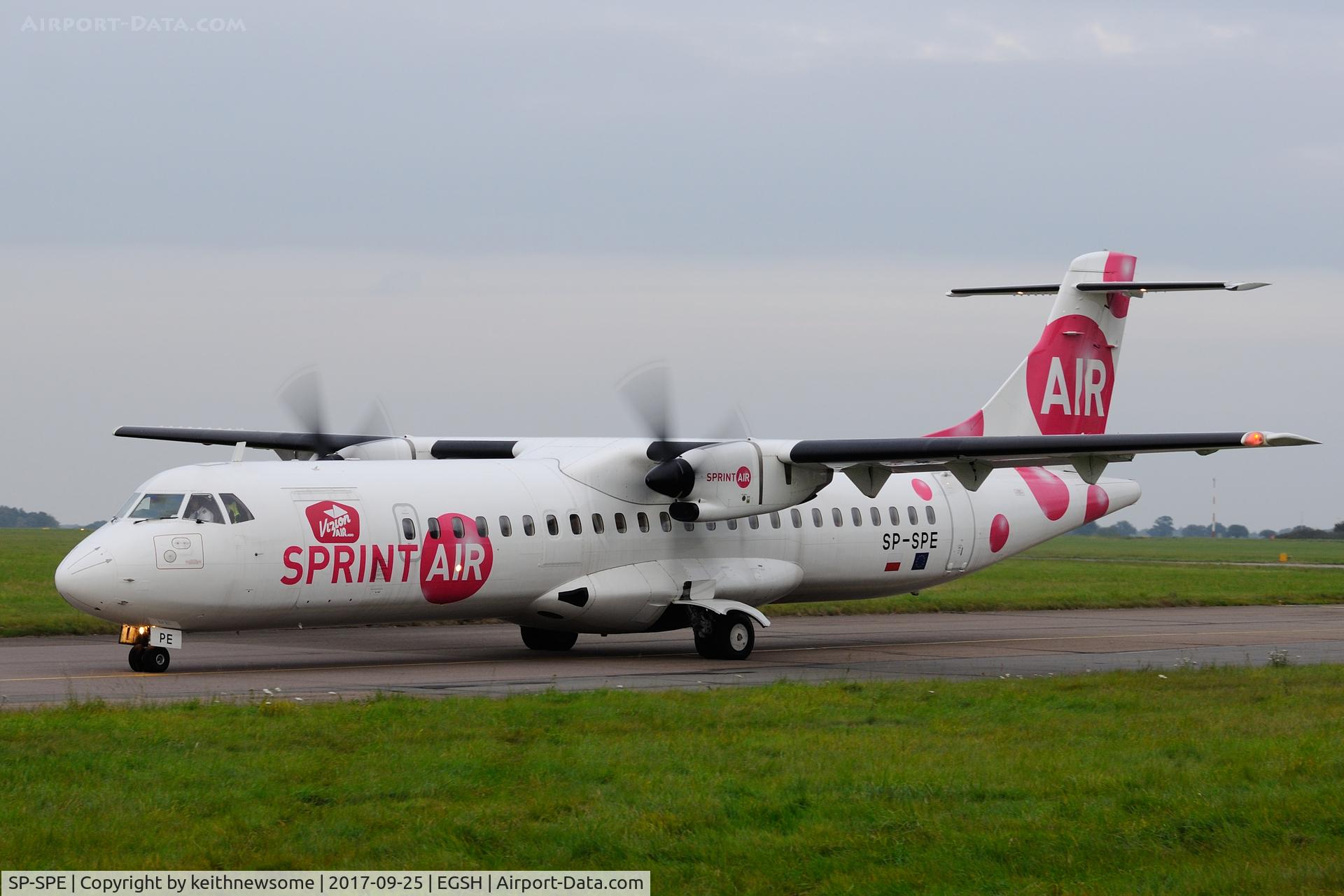 SP-SPE, 1995 ATR 72-202 C/N 441, Leaving Norwich to deliver Norwich City Football Club to Durham Teeside Airport.