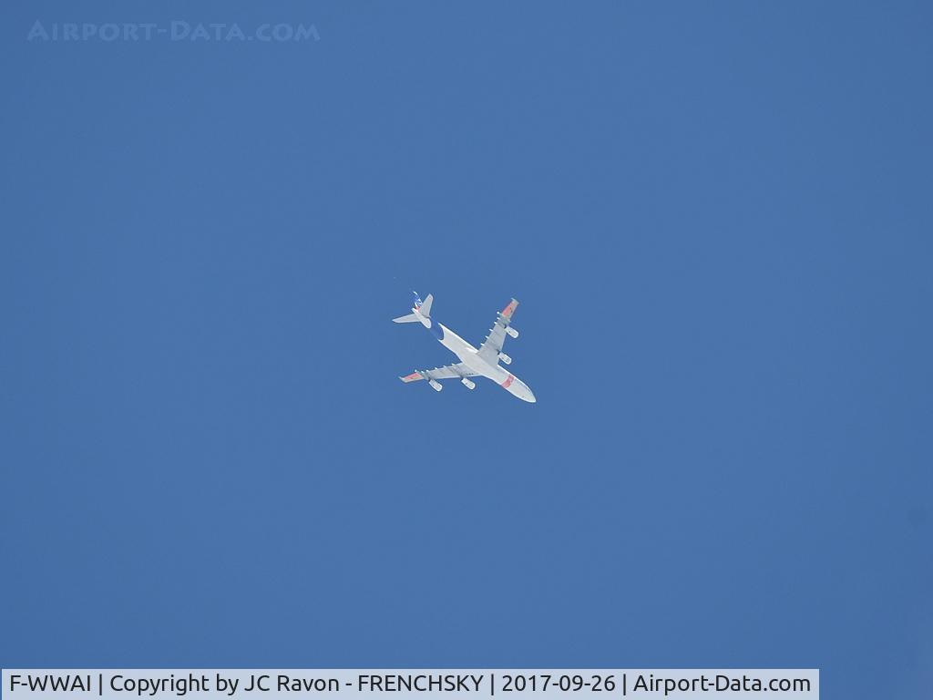 F-WWAI, 1991 Airbus A340-311 C/N 001, AIB72AI test aircraft is one of 2 ‘Flight Labs’ provided by Airbus to test high potential technologies being developed within Clean Sky. The outer wings of Flight Lab 2 will be replaced with 2 types of laminar wings, one on each side. above BOD airport