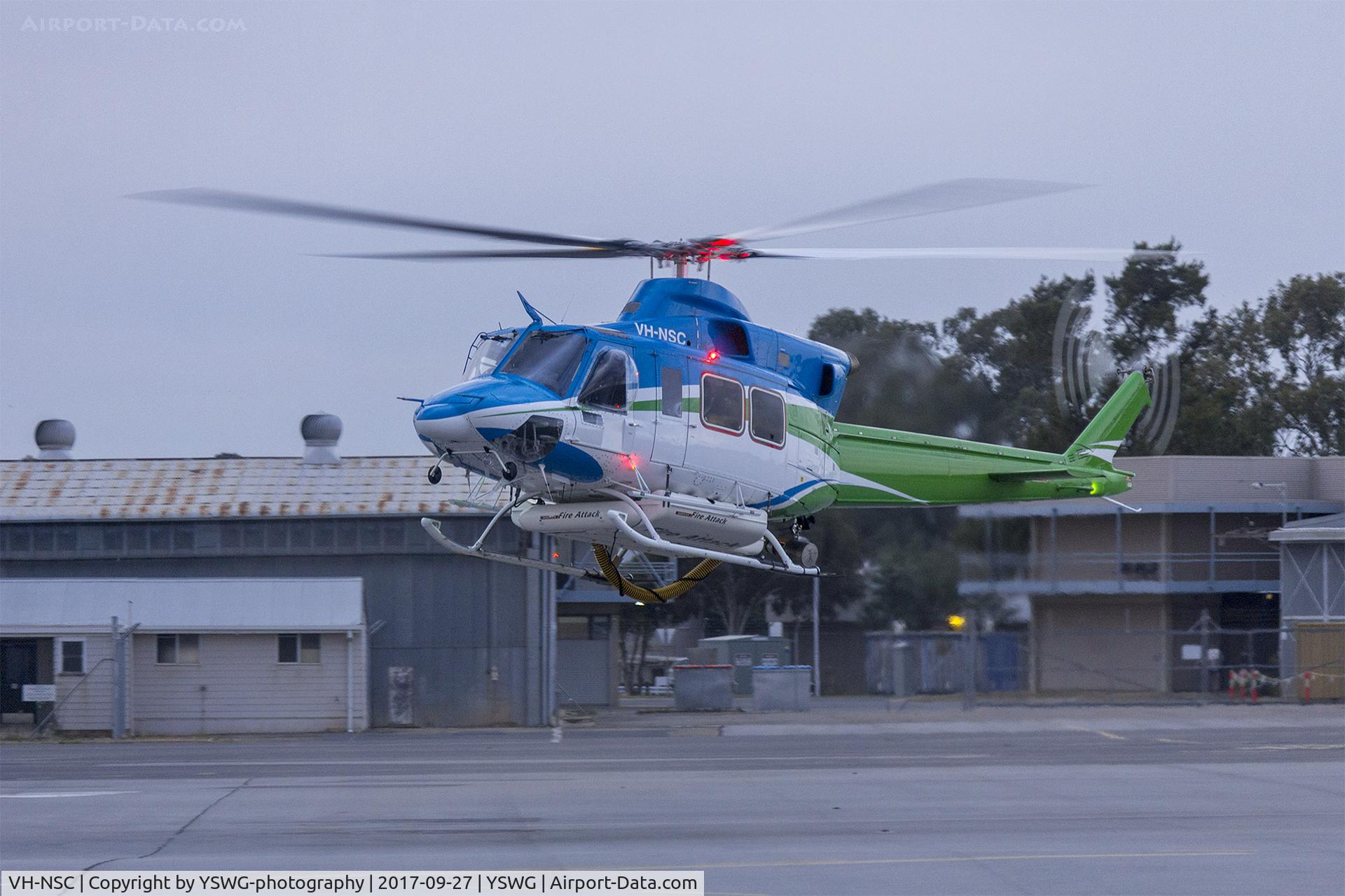 VH-NSC, 1975 Bell 412 C/N 33029, MKR Choppers (VH-NSC) Bell 412 at Wagga Wagga Airport. Former CHC Helicopter/Snowy Hydro SouthCare
