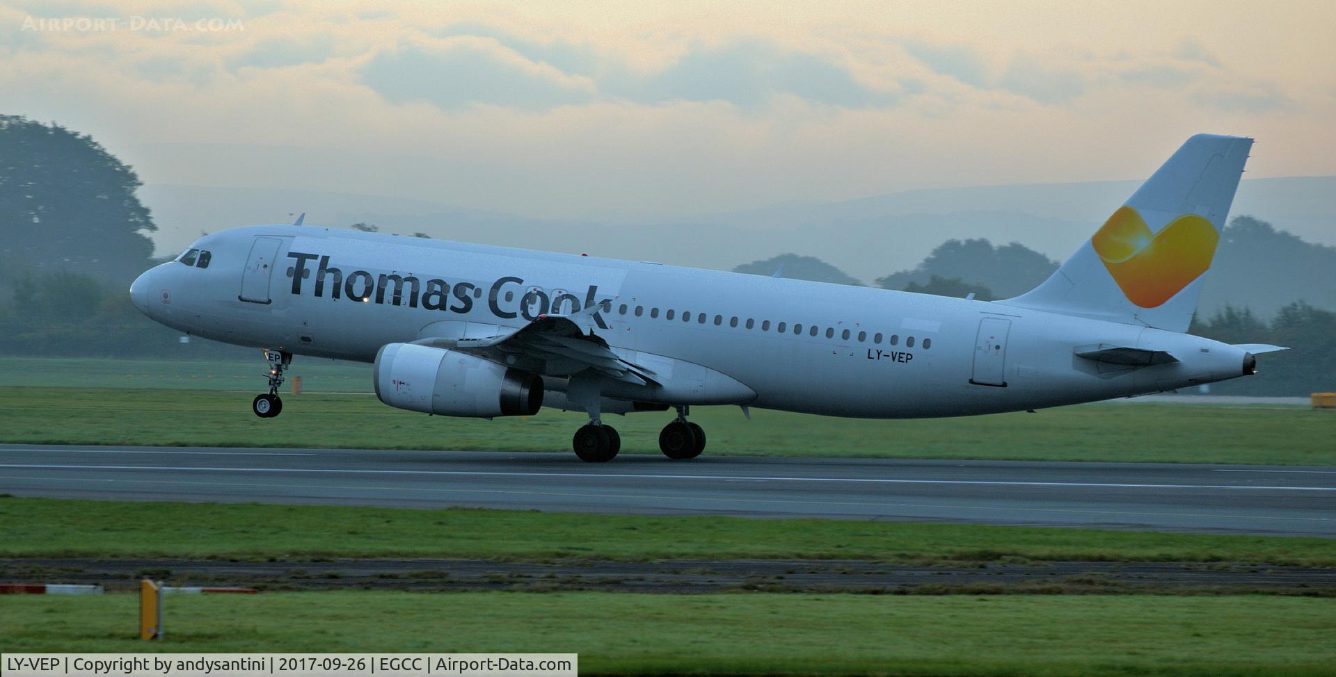 LY-VEP, 1995 Airbus A320-233 C/N 558, just taken off from man egcc uk.