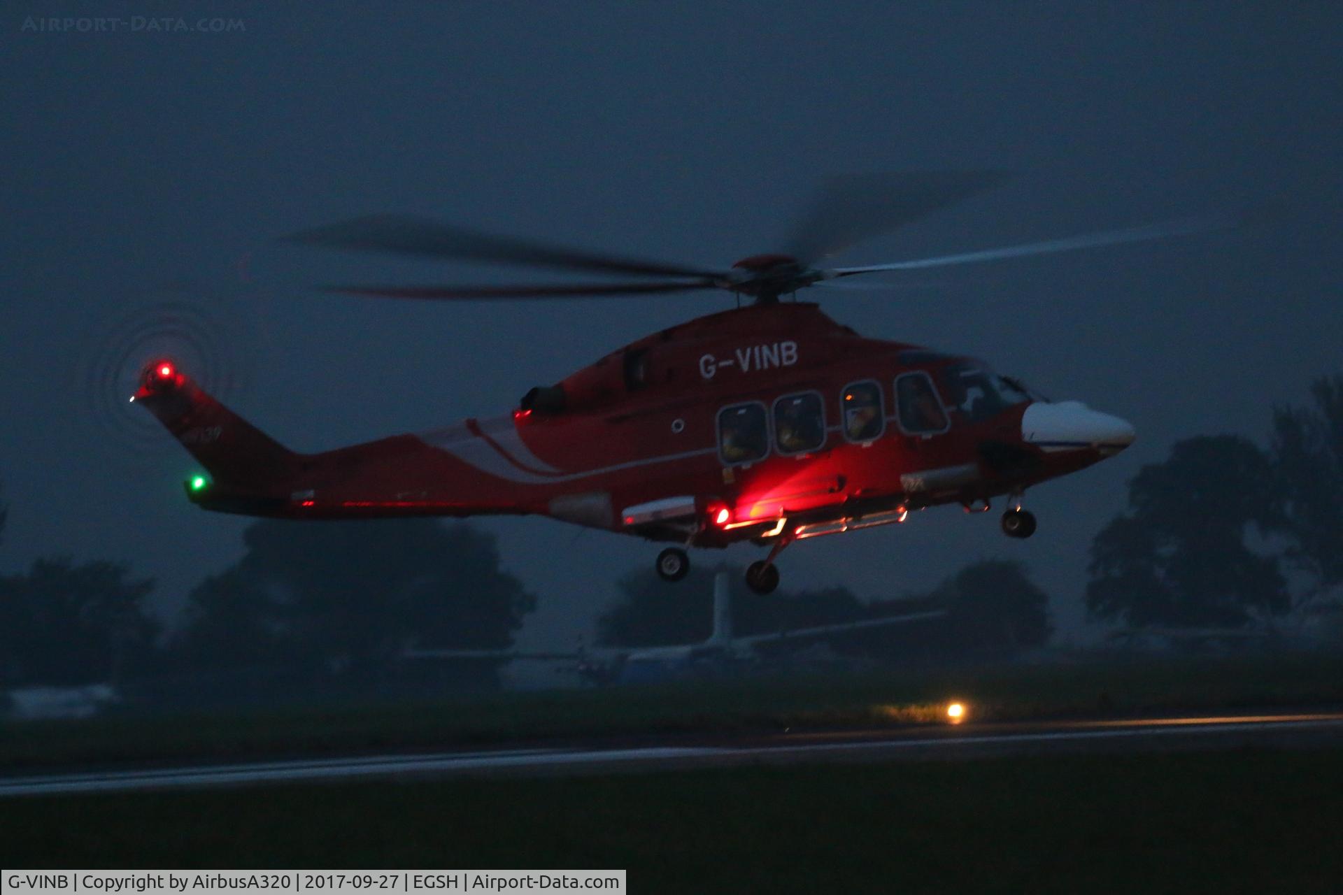 G-VINB, 2012 AgustaWestland AW-139 C/N 31398, Still wearing spare white nose coming into land end of another day