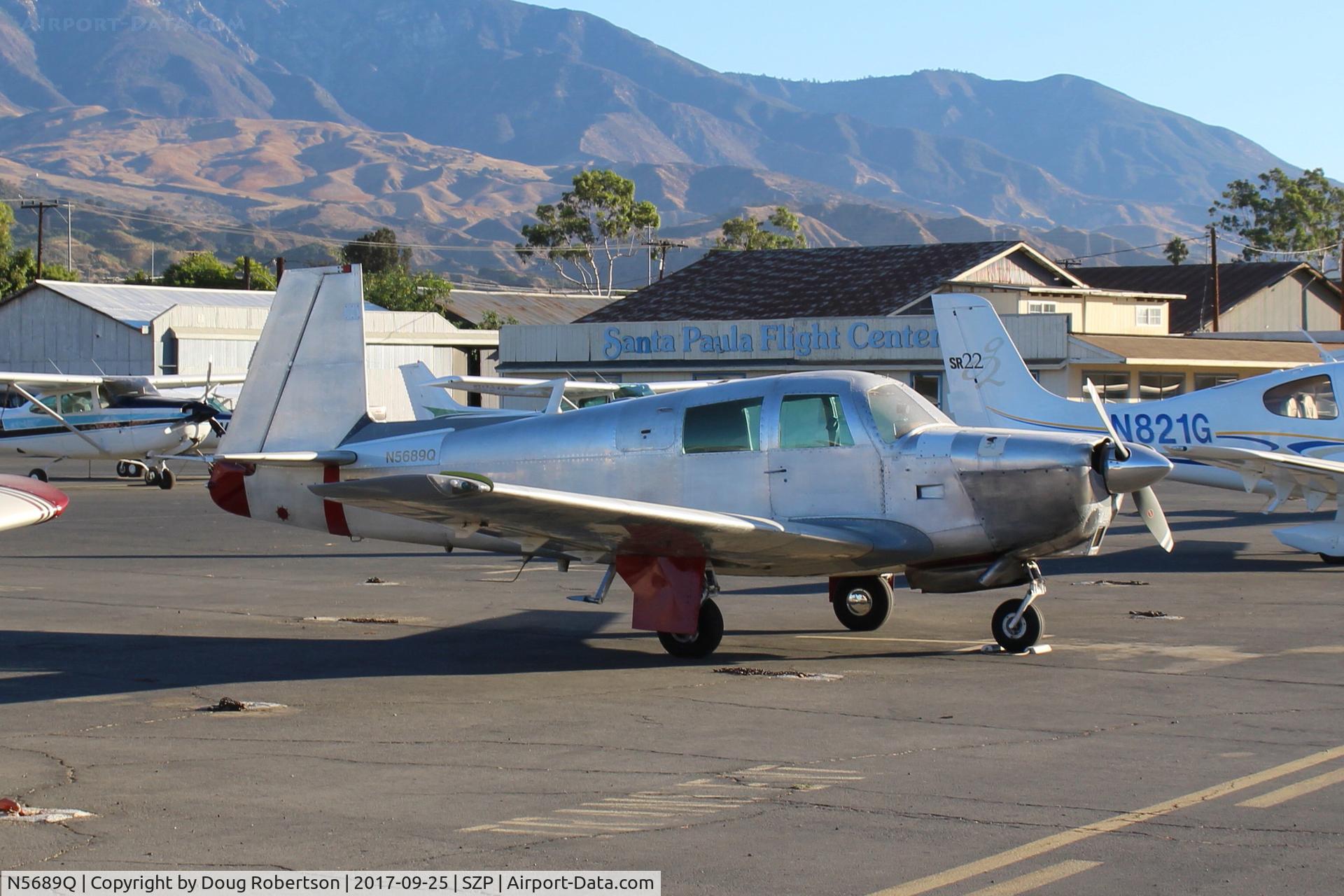 N5689Q, 1965 Mooney M20C Ranger C/N 3043, 1965 Mooney M20C MARK 21, Lycoming O&VO-360 180 Hp, LASAR mod by STC to wing-fuselage leading edge junctions to lower stall speed. On transient ramp.