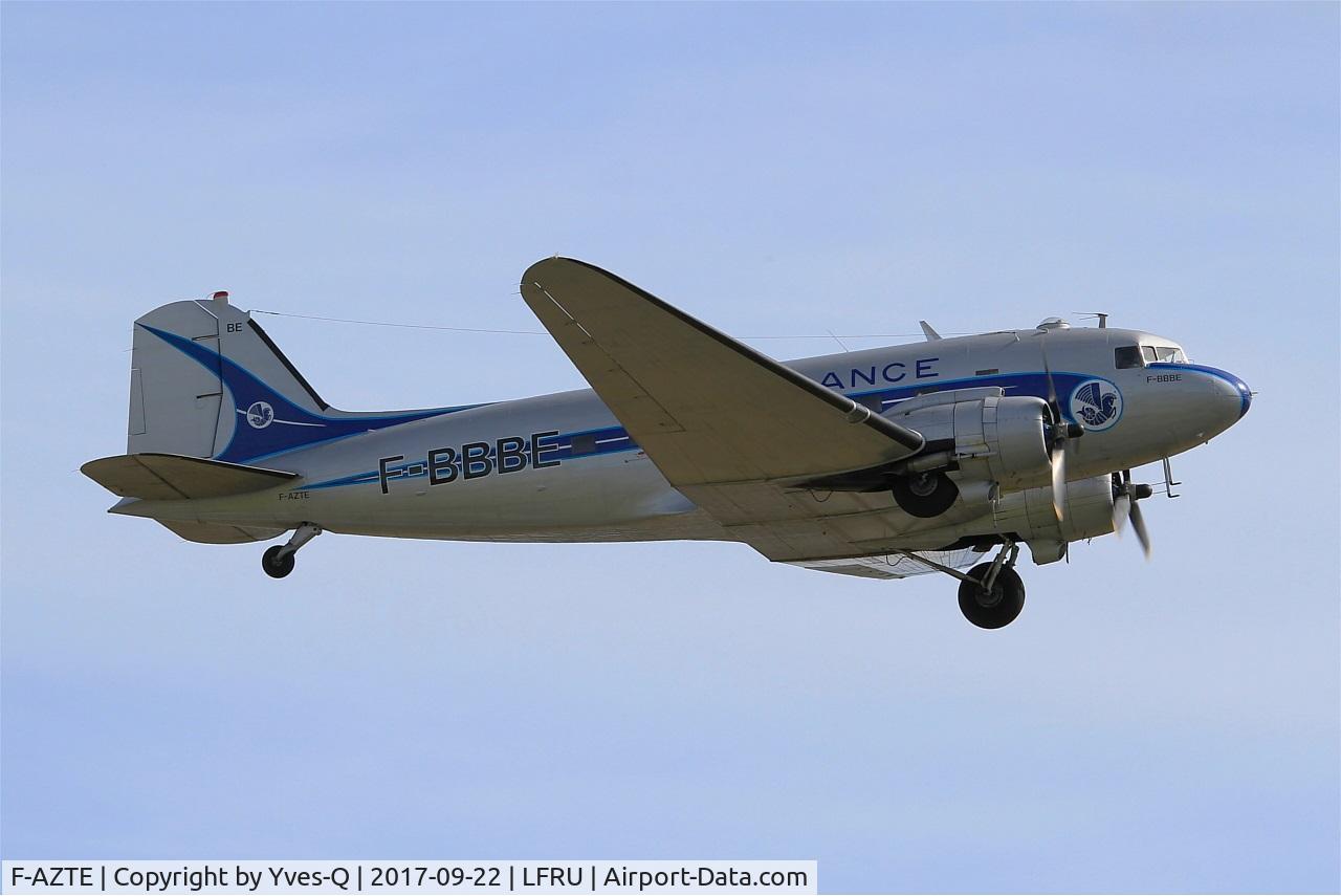 F-AZTE, 1943 Douglas C-47A-1-DL  Skytrain C/N 9172, Douglas C-47A Skytrain, Take off rwy 23, Morlaix-Ploujean airport (LFRU-MXN) Air show 2017