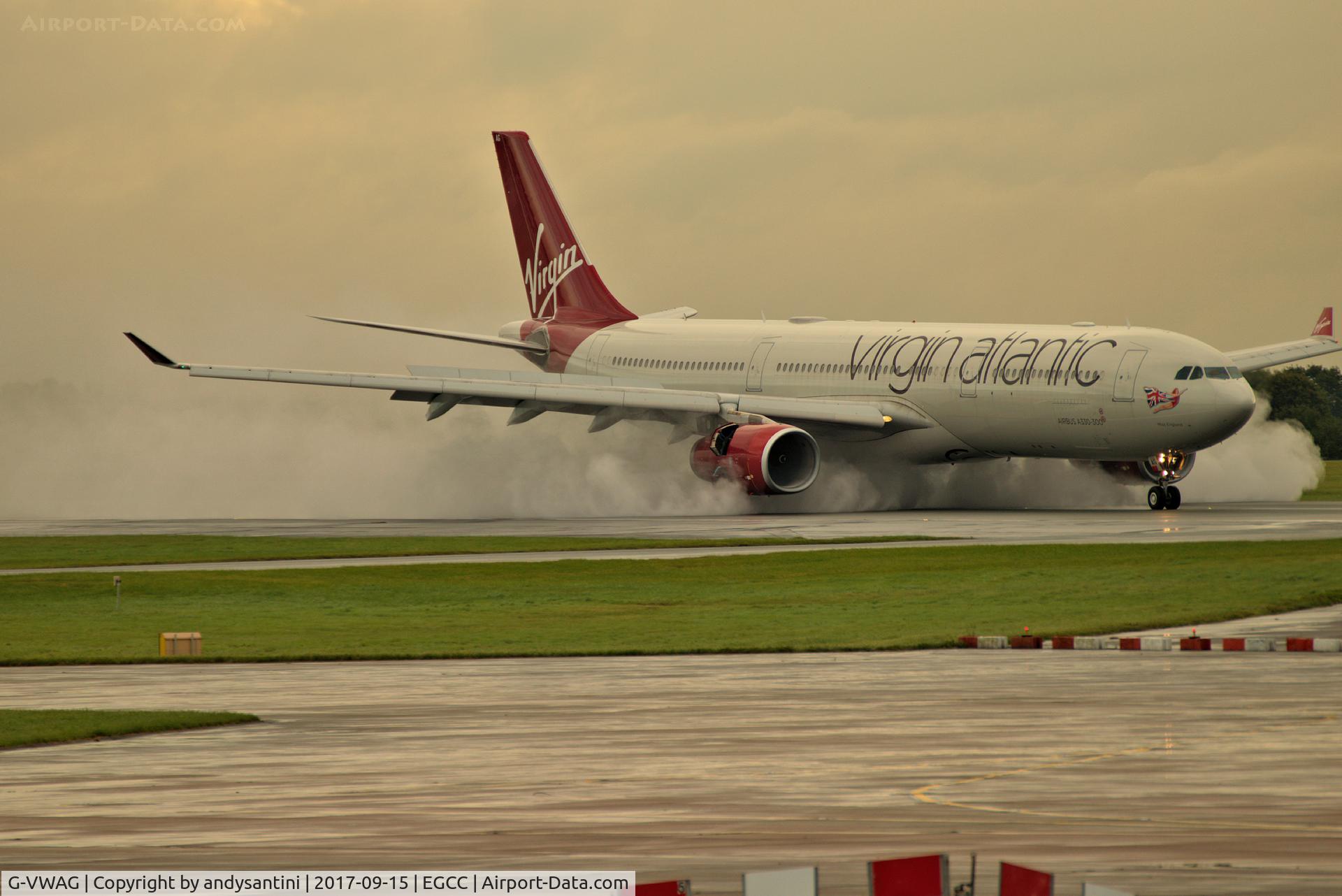 G-VWAG, 2012 Airbus A330-343X C/N 1341, just landed on a very wet runway 23R