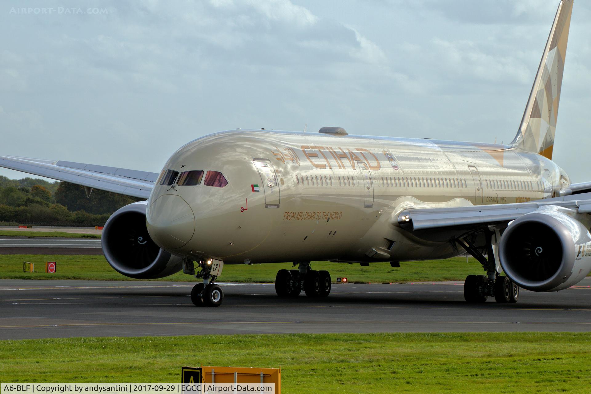 A6-BLF, 2016 Boeing 787-9 Dreamliner Dreamliner C/N 39651, just left runway 23R now taxing in to its gate/stand.
