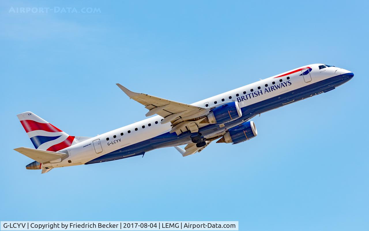 G-LCYV, 2009 Embraer 190AR (ERJ-190-100IGW) C/N 19000255, departure from Malaga