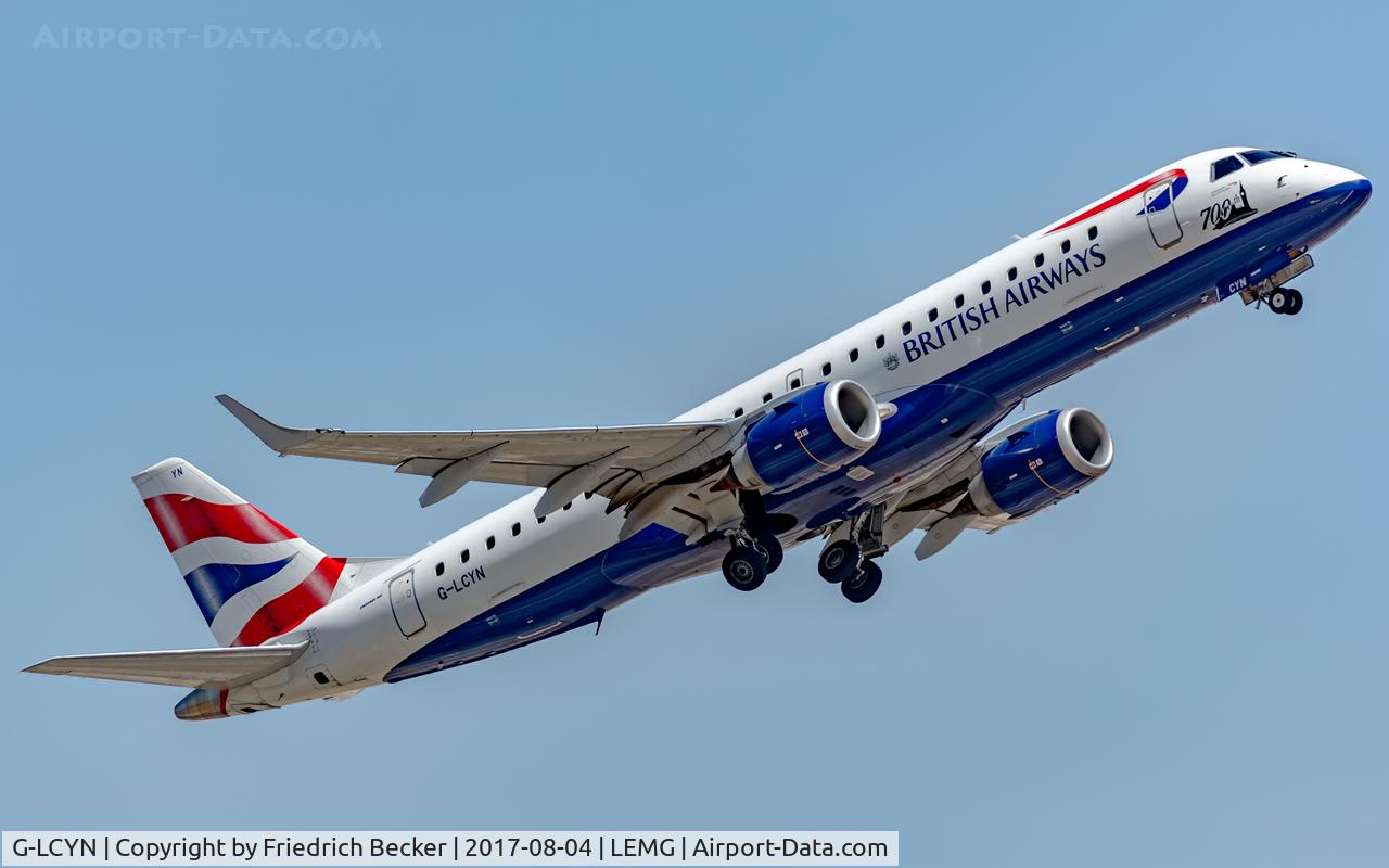G-LCYN, 2010 Embraer 190SR (ERJ-190-100SR) C/N 19000392, departure from Malaga