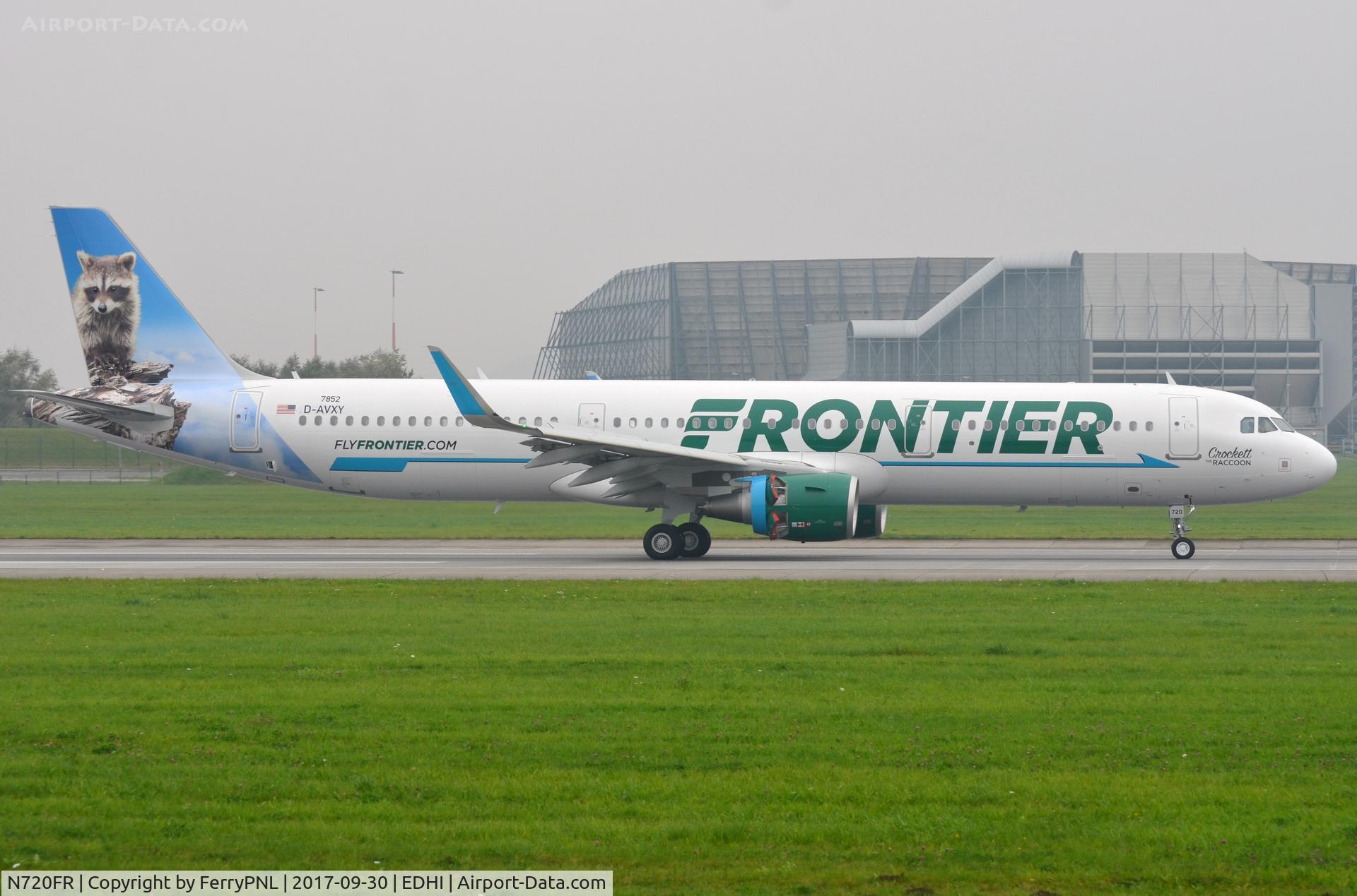 N720FR, 2017 Airbus A321-211 C/N 7852, Crocket the Racoon doing a ground test run in XFW with test reg D-AVXY